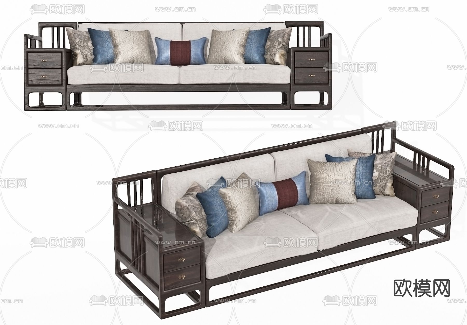新中式布艺双人沙发3d模型下载