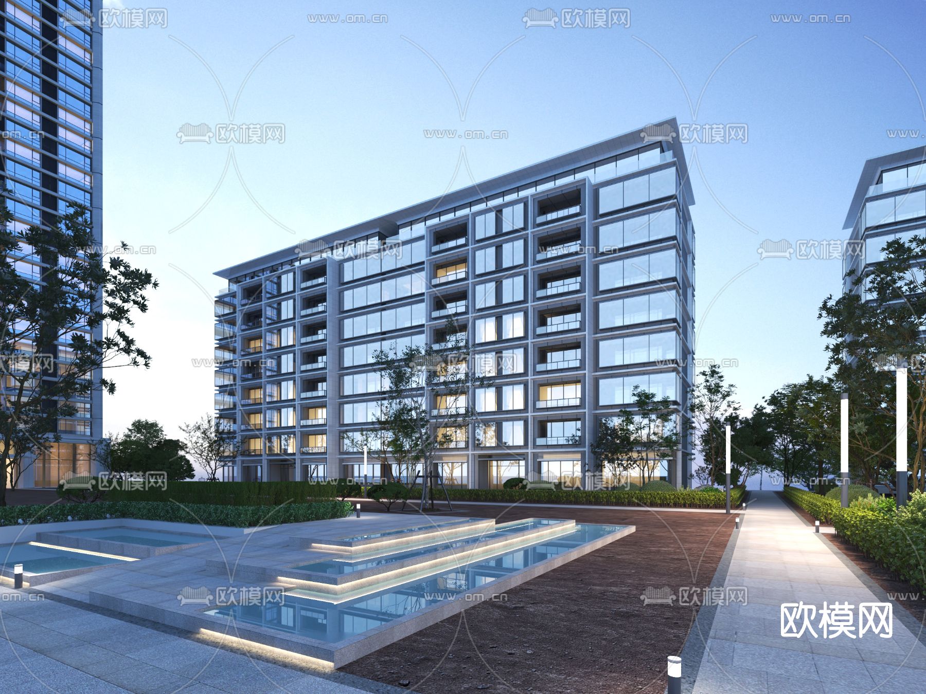 现代高层住宅建筑外观夜景3d模型下载