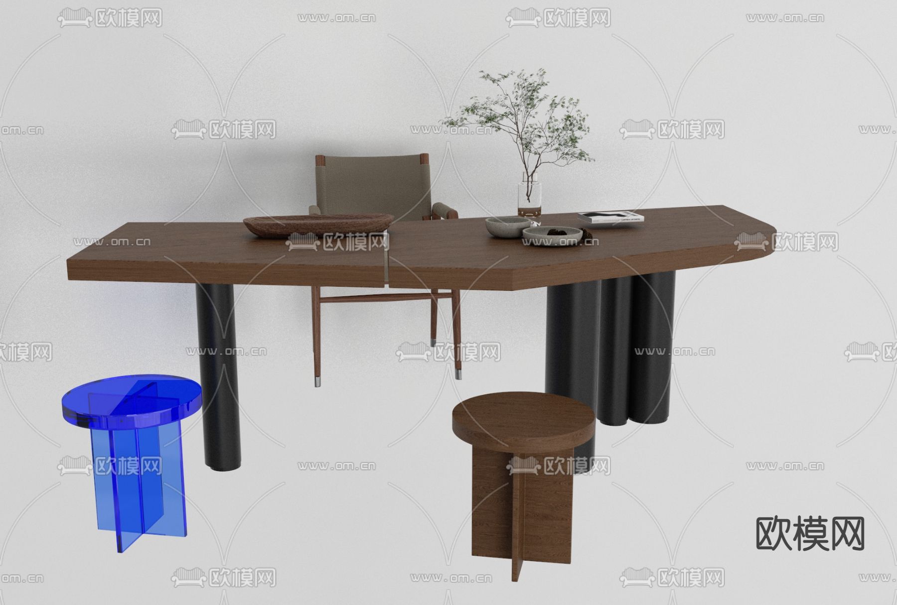 现代实木书桌椅免费3d模型下载