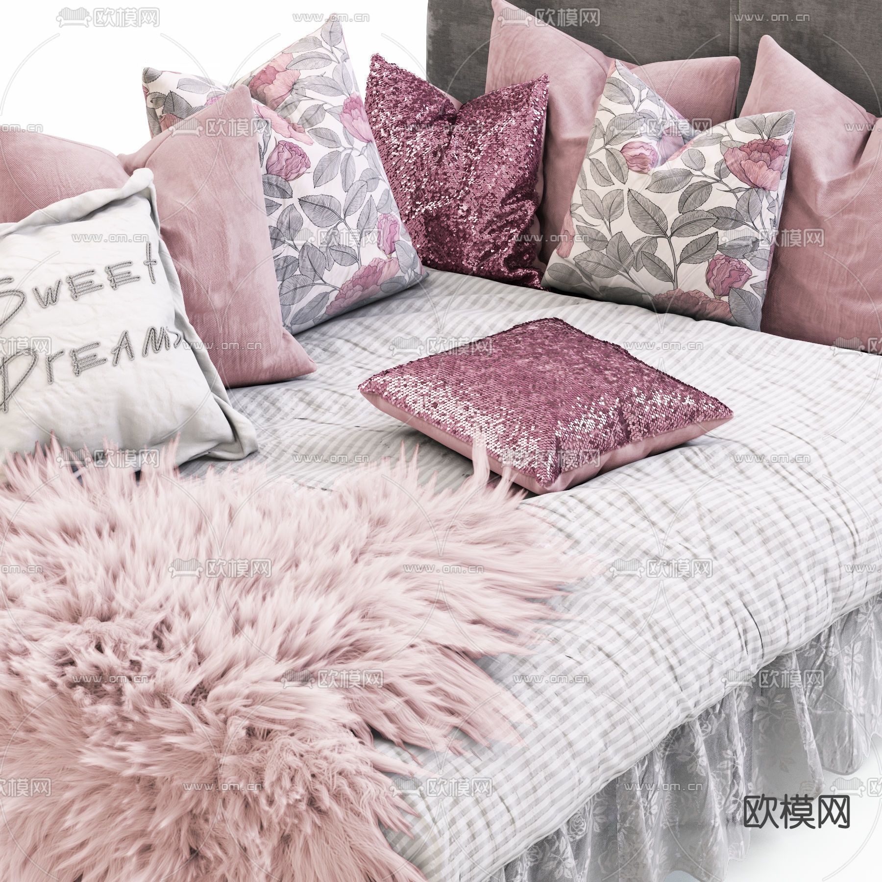 现代布艺单人床3d模型下载（渲染图4）