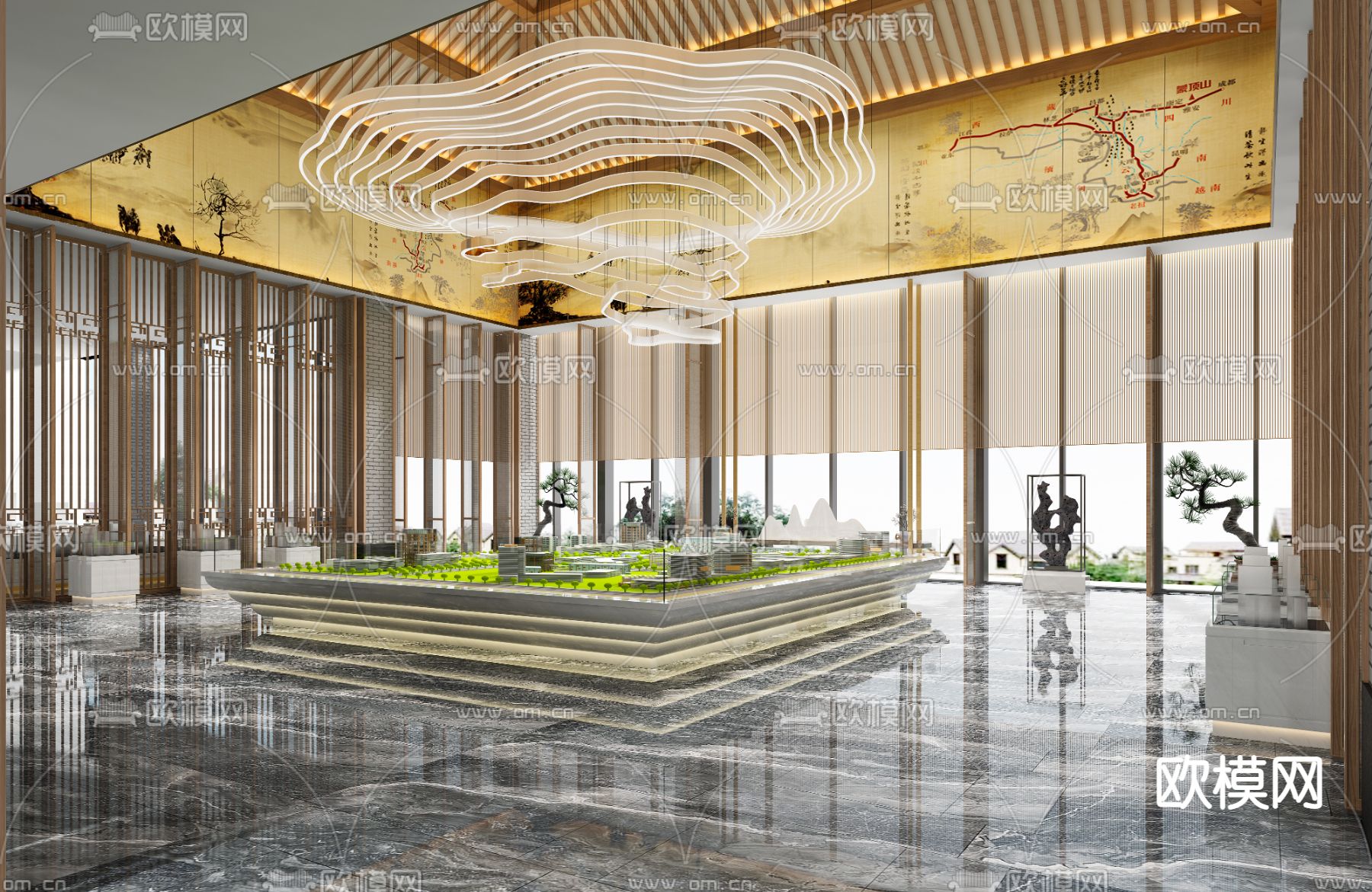 新中式售楼部前台沙盘区3d模型下载（渲染图2）