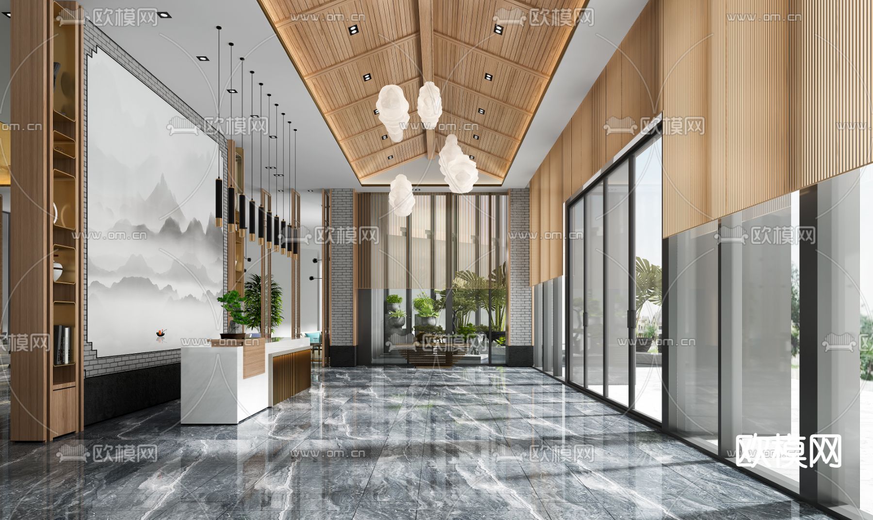 新中式售楼部前台沙盘区3d模型下载（渲染图1）