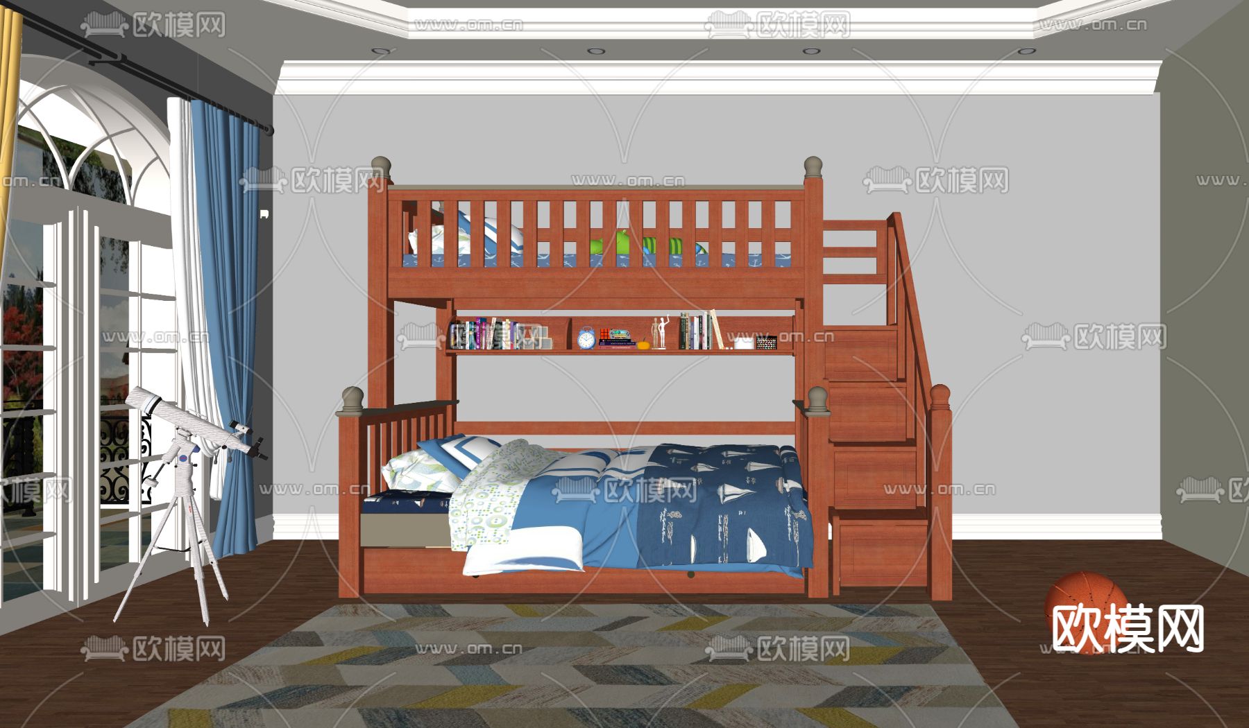 美式上下铺儿童床su模型下载（渲染图2）