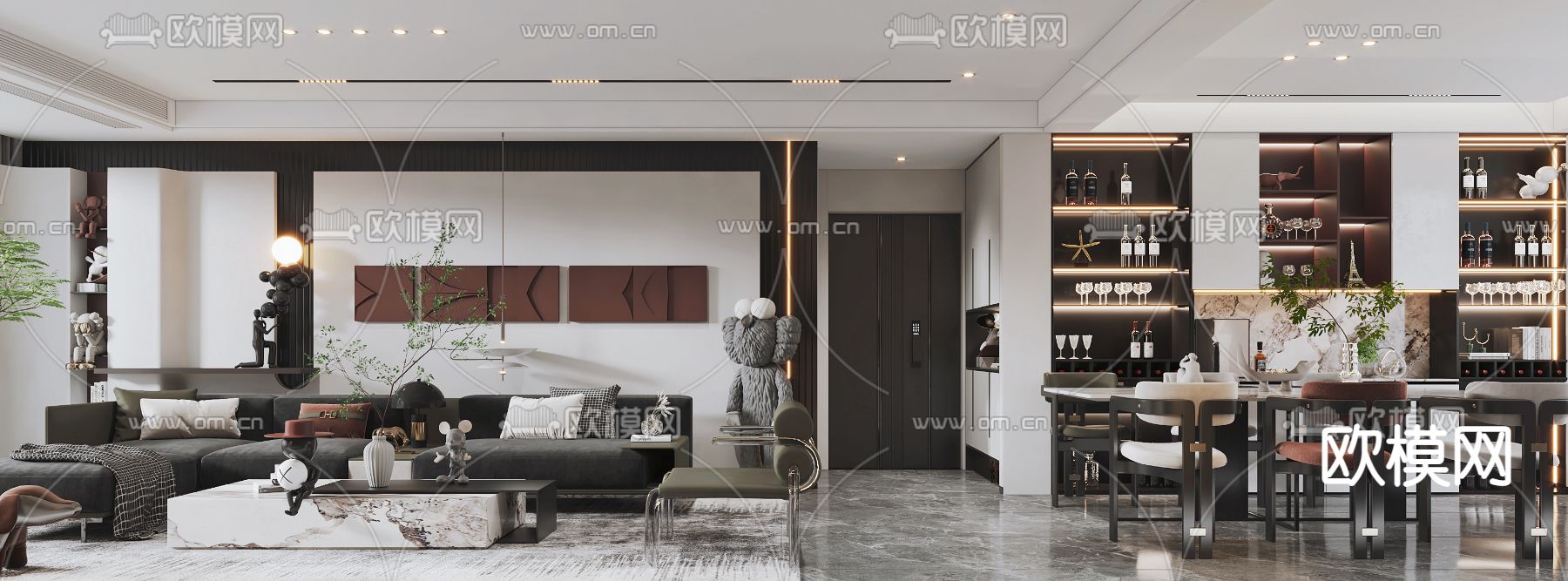 现代高级灰客厅餐厅3d模型下载（渲染图2）