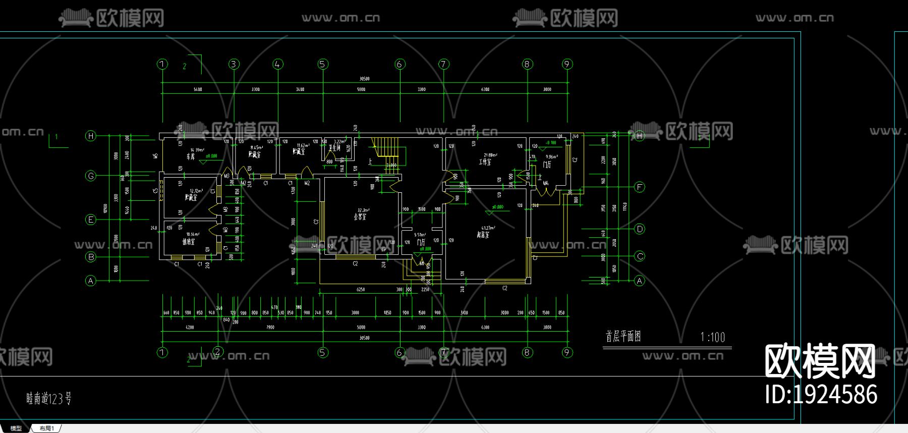 别墅方案CAD施工图下载（渲染图1）