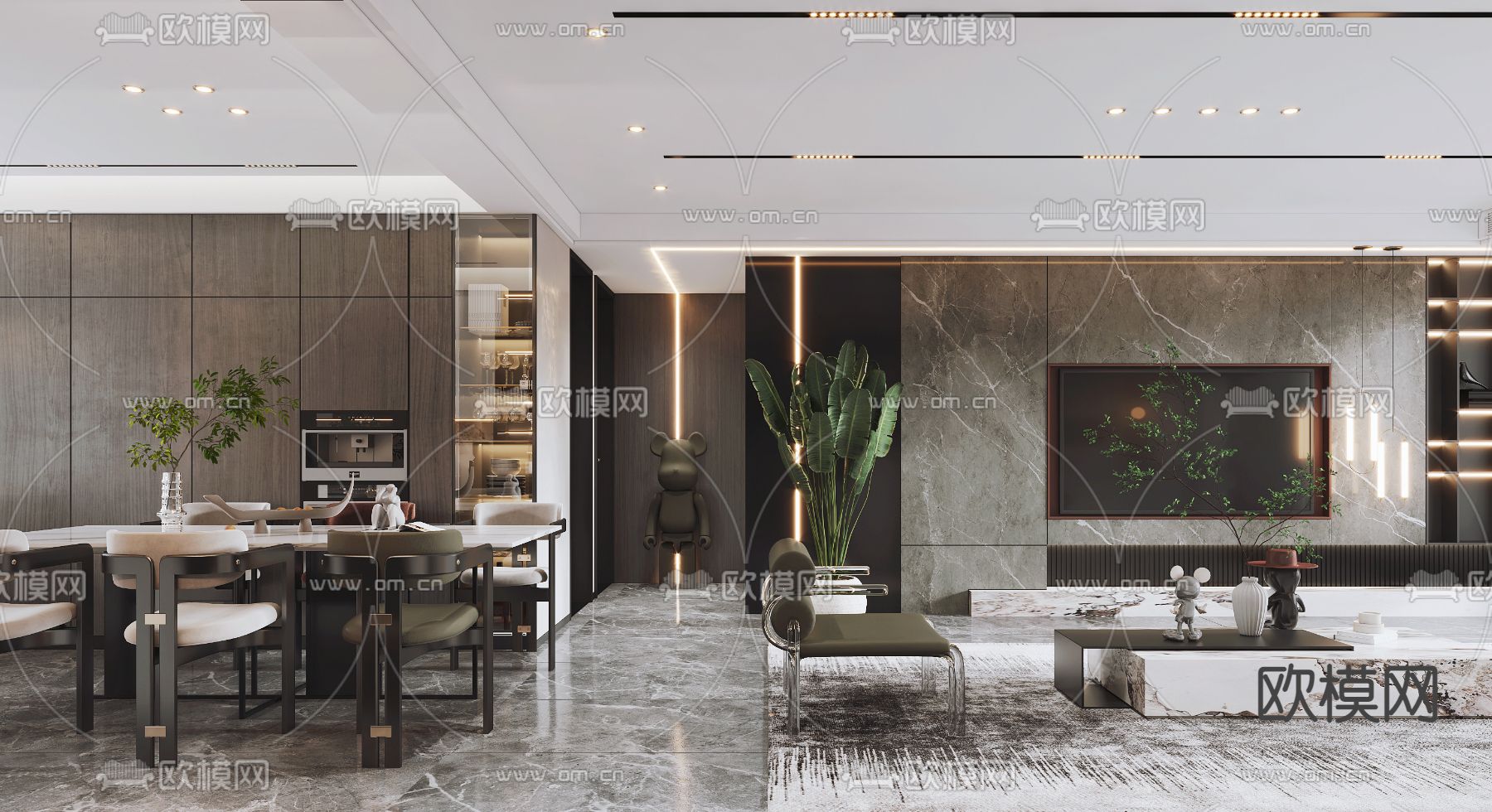 现代高级灰客厅餐厅3d模型下载（渲染图3）