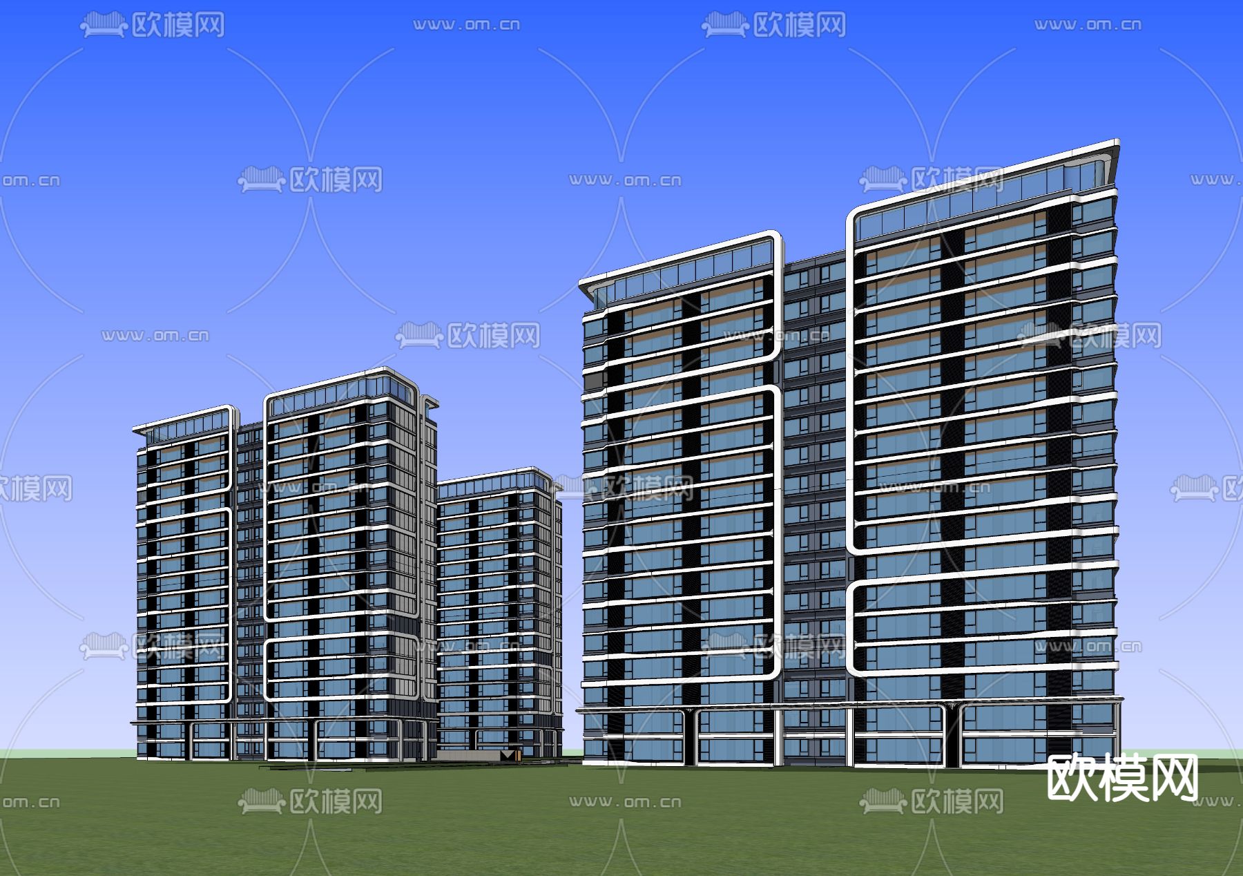 现代小区住宅楼外观su模型下载（渲染图2）