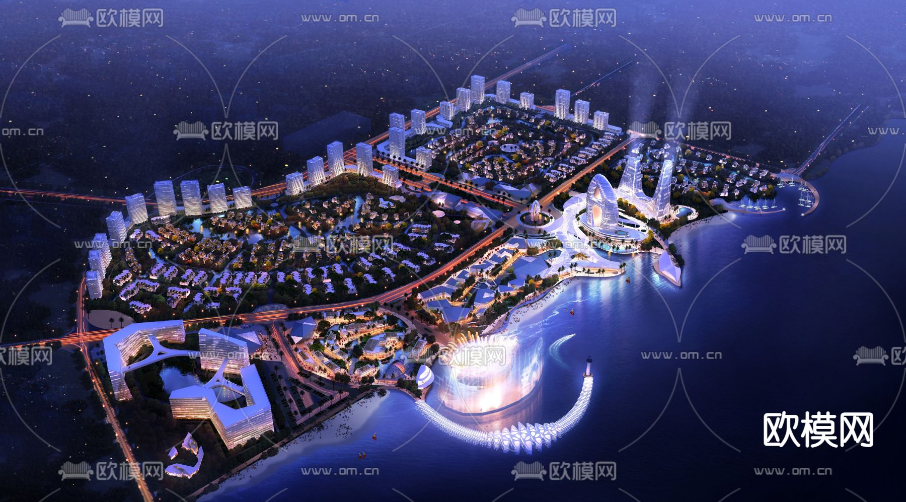 现代滨河小区鸟瞰夜景3d模型