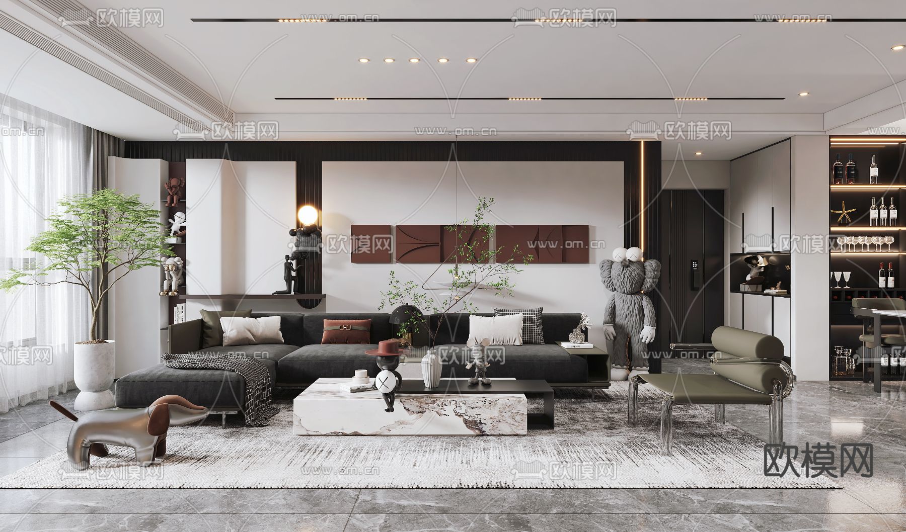 现代高级灰客厅餐厅3d模型下载（渲染图1）