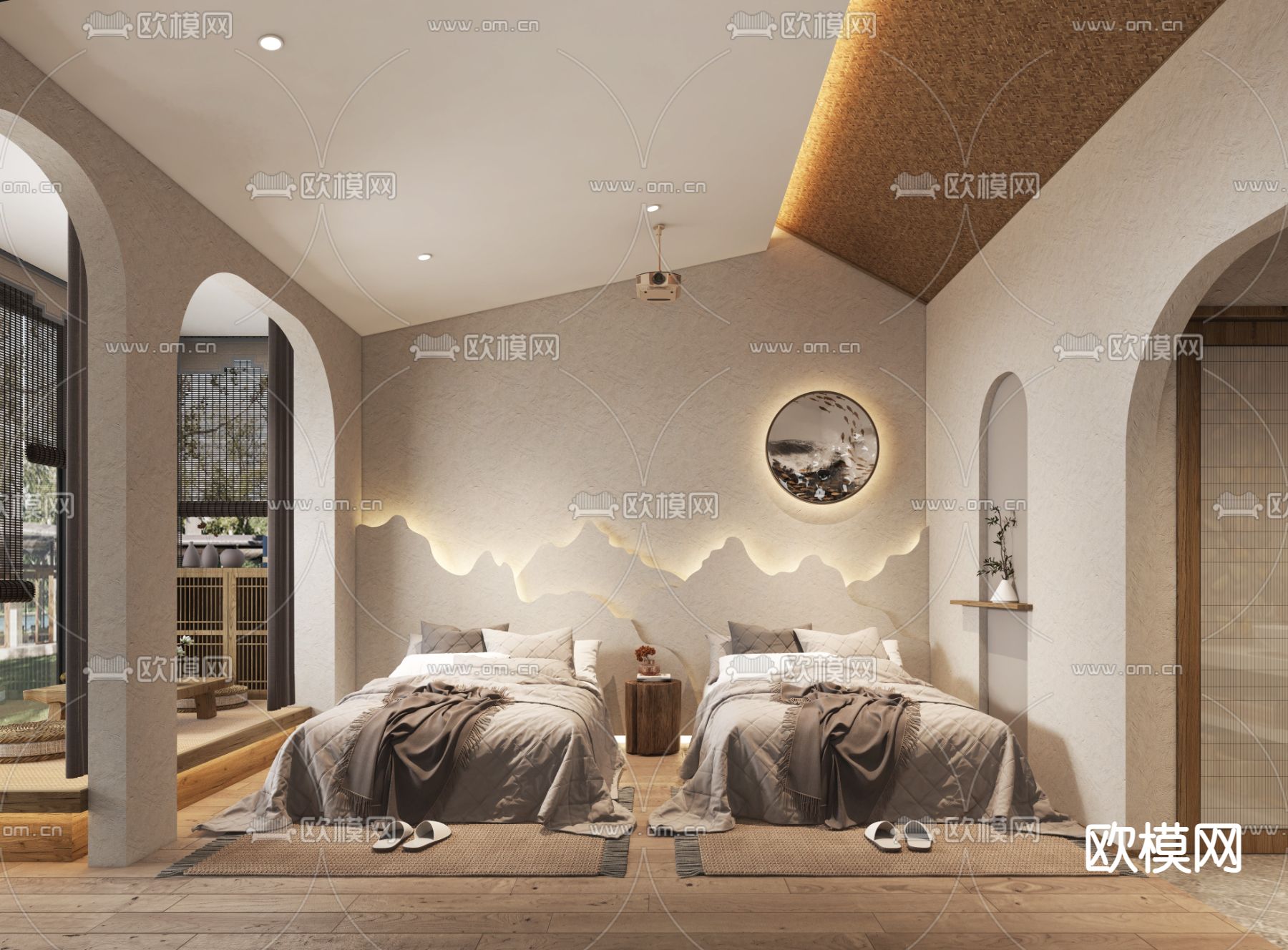 侘寂风民宿双床客房3d模型下载_ID11768730_3dmax免费模型-欧模网