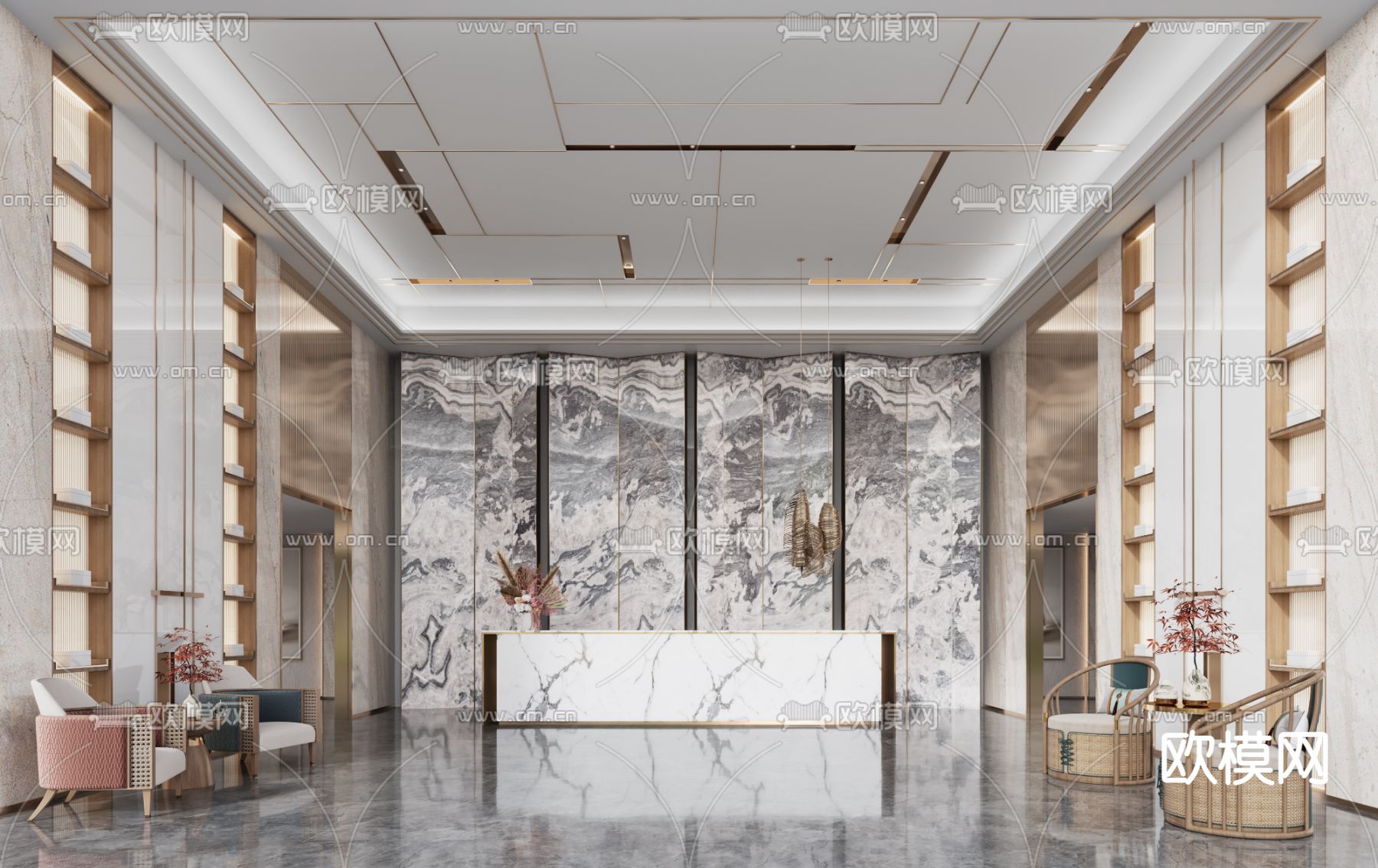 新中式售楼处大厅休息区3d模型下载