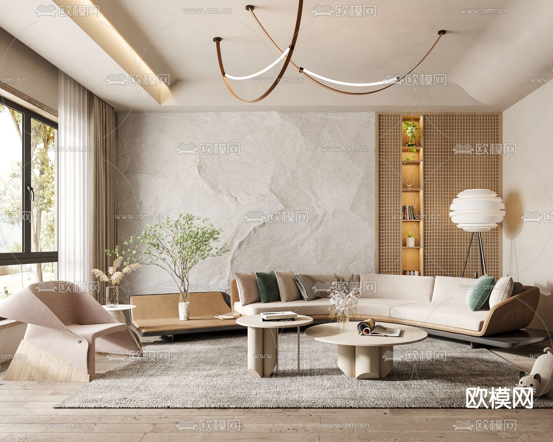 侘寂布艺弧形沙发组合3d模型下载（渲染图3）