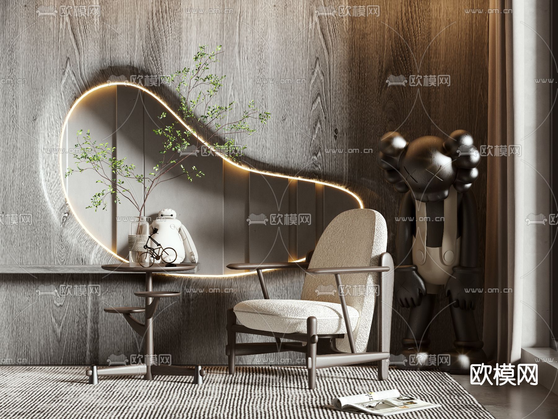 侘寂风实木休闲椅3d模型下载