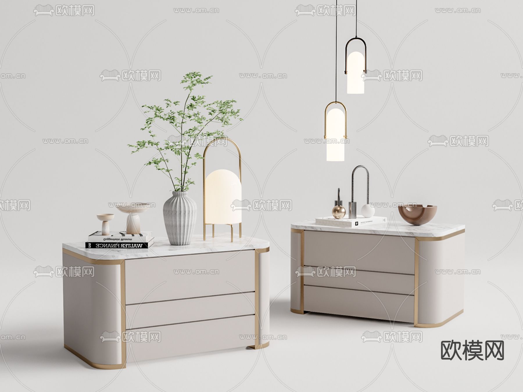 现代轻奢床头柜su模型下载（渲染图1）