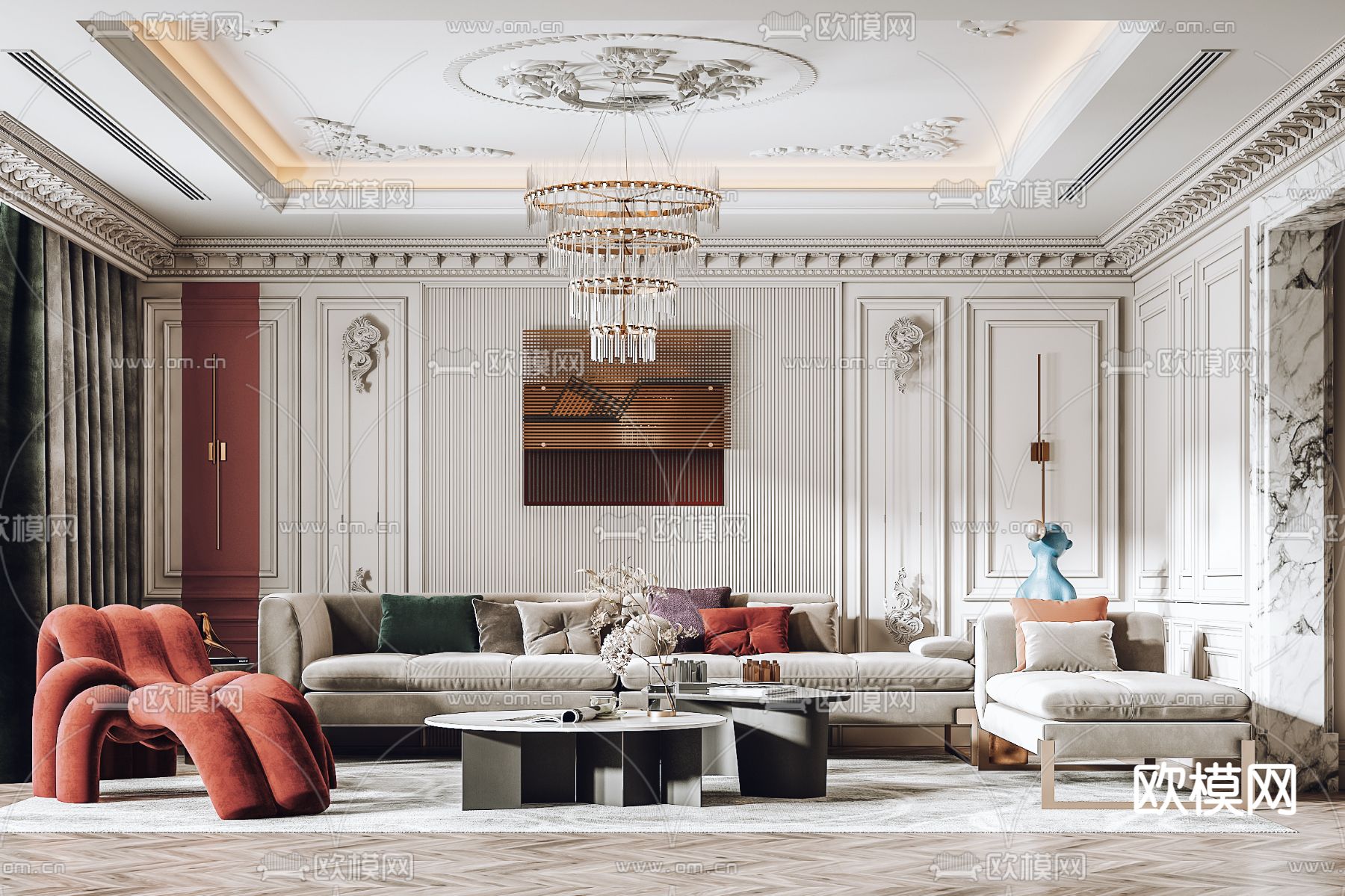 法式布艺沙发组合3d模型下载