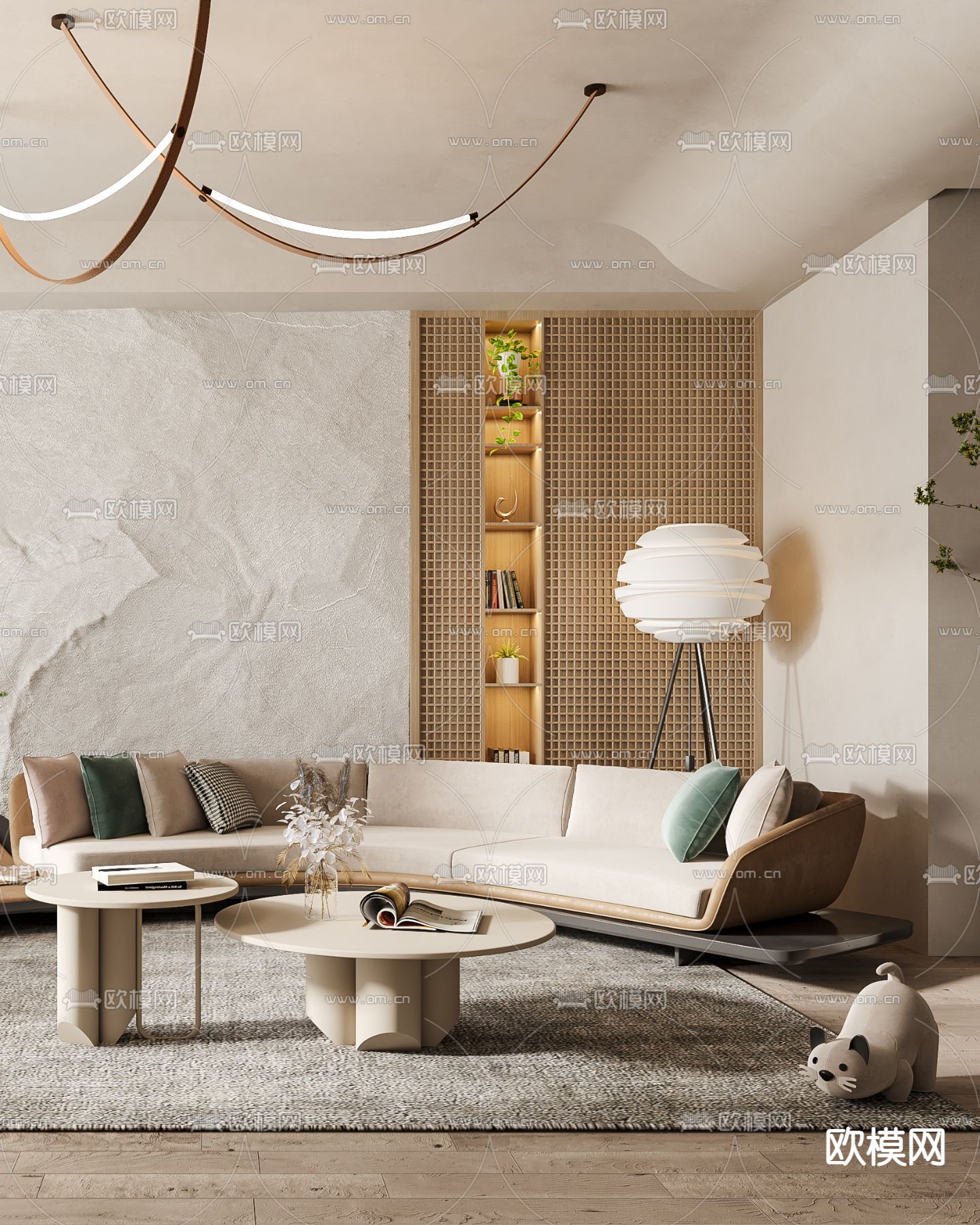 侘寂布艺弧形沙发组合3d模型下载（渲染图2）