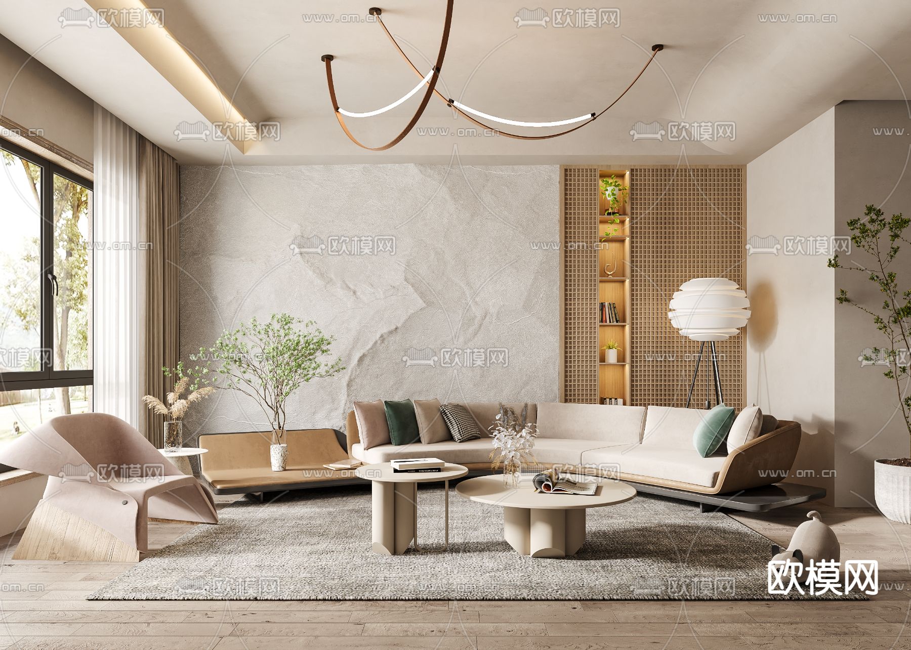 侘寂布艺弧形沙发组合3d模型下载（渲染图1）