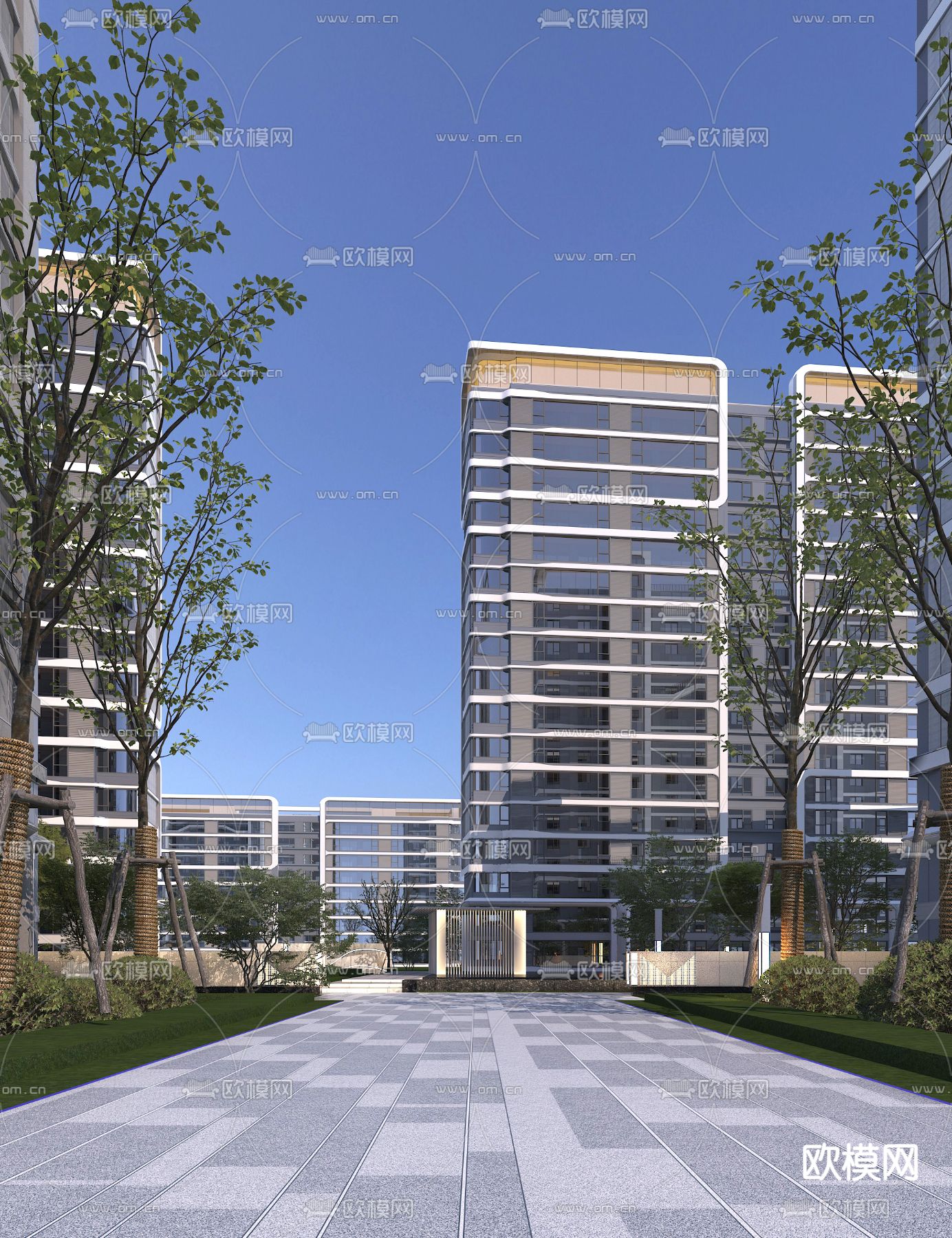 现代小区住宅楼外观su模型下载（渲染图1）