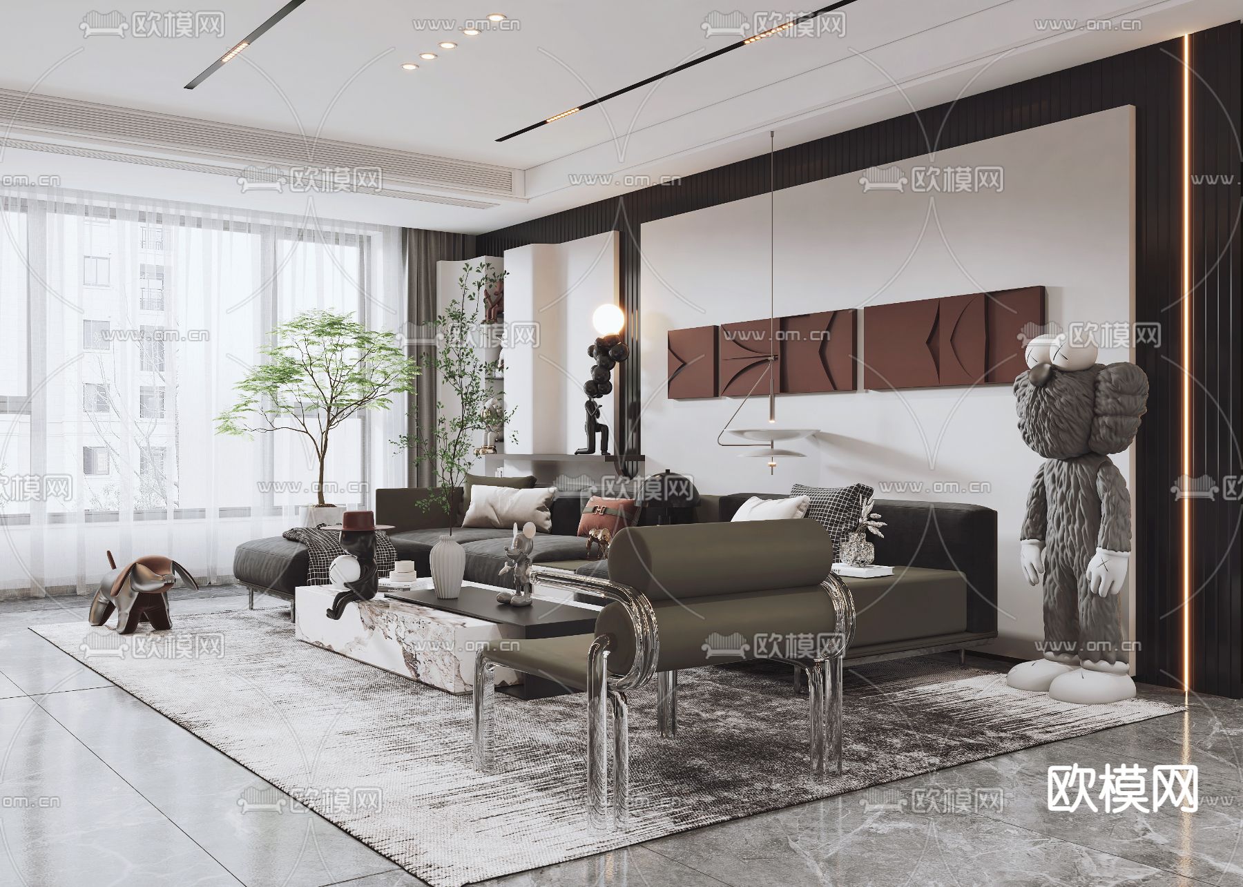 现代高级灰客厅餐厅3d模型下载（渲染图5）