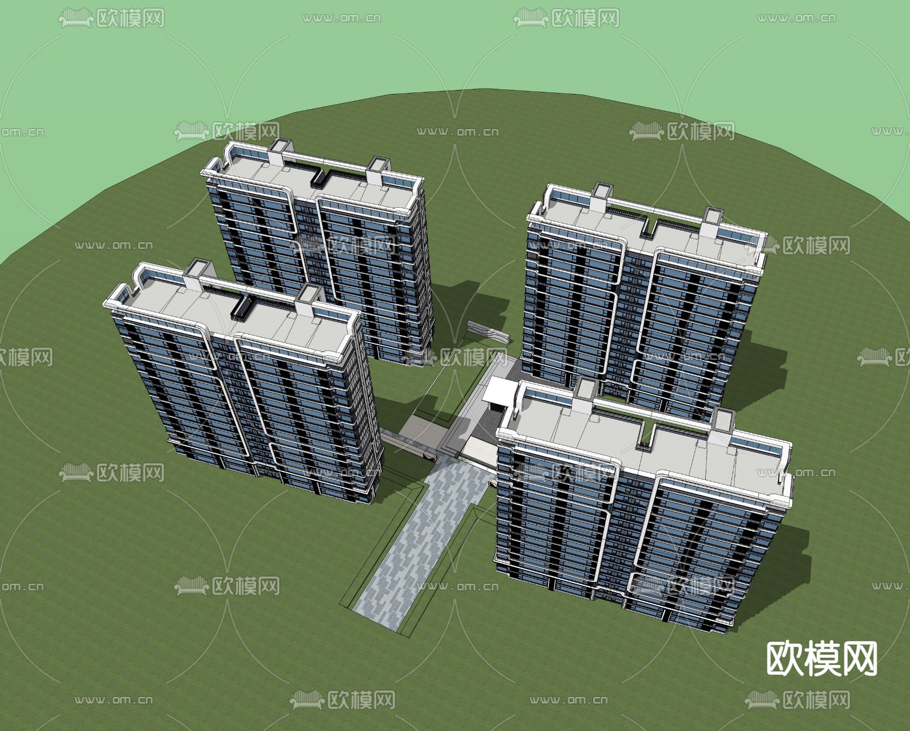 现代小区住宅楼外观su模型下载（渲染图3）