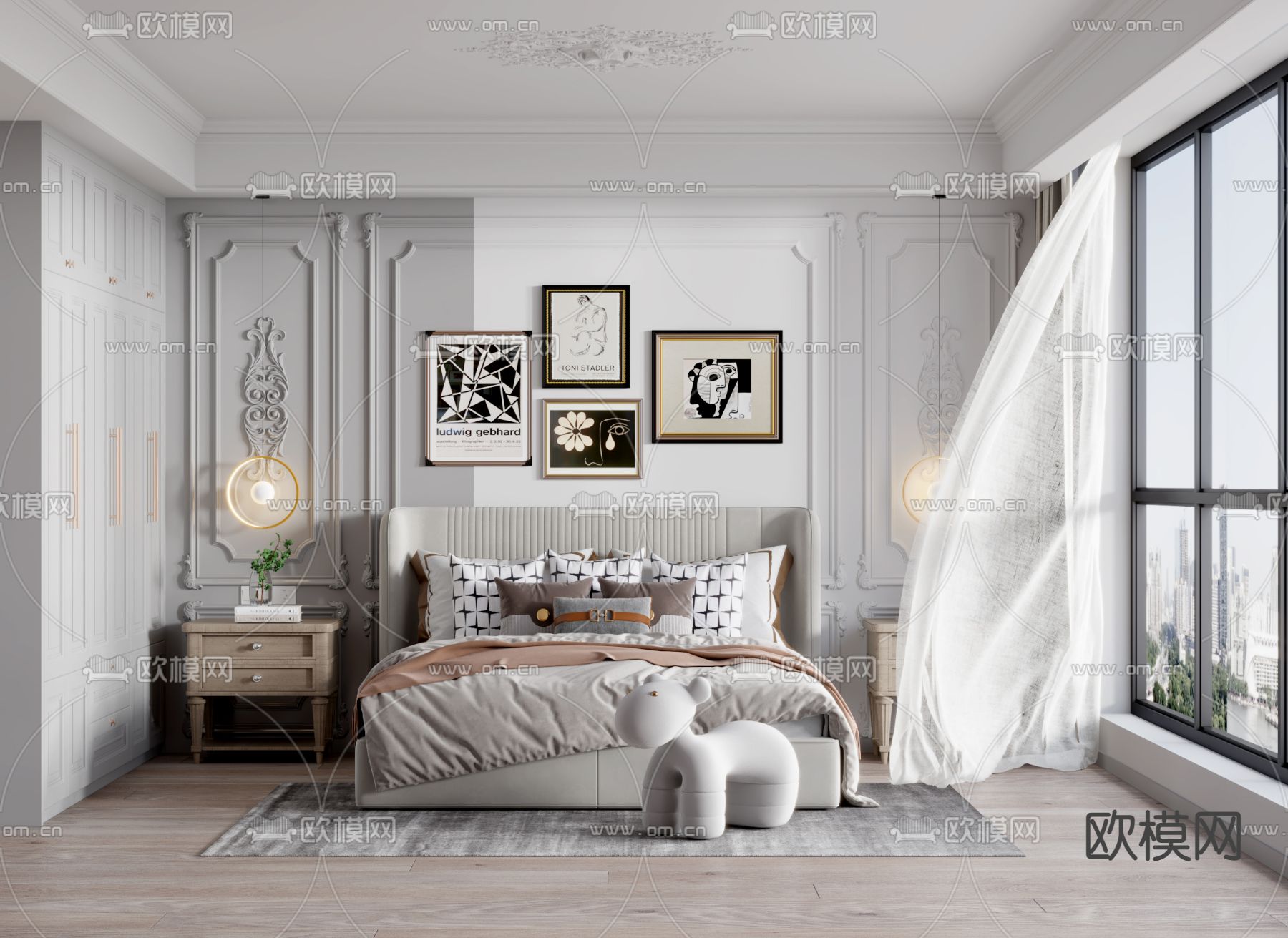 简欧卧室主人房3d模型下载（渲染图1）