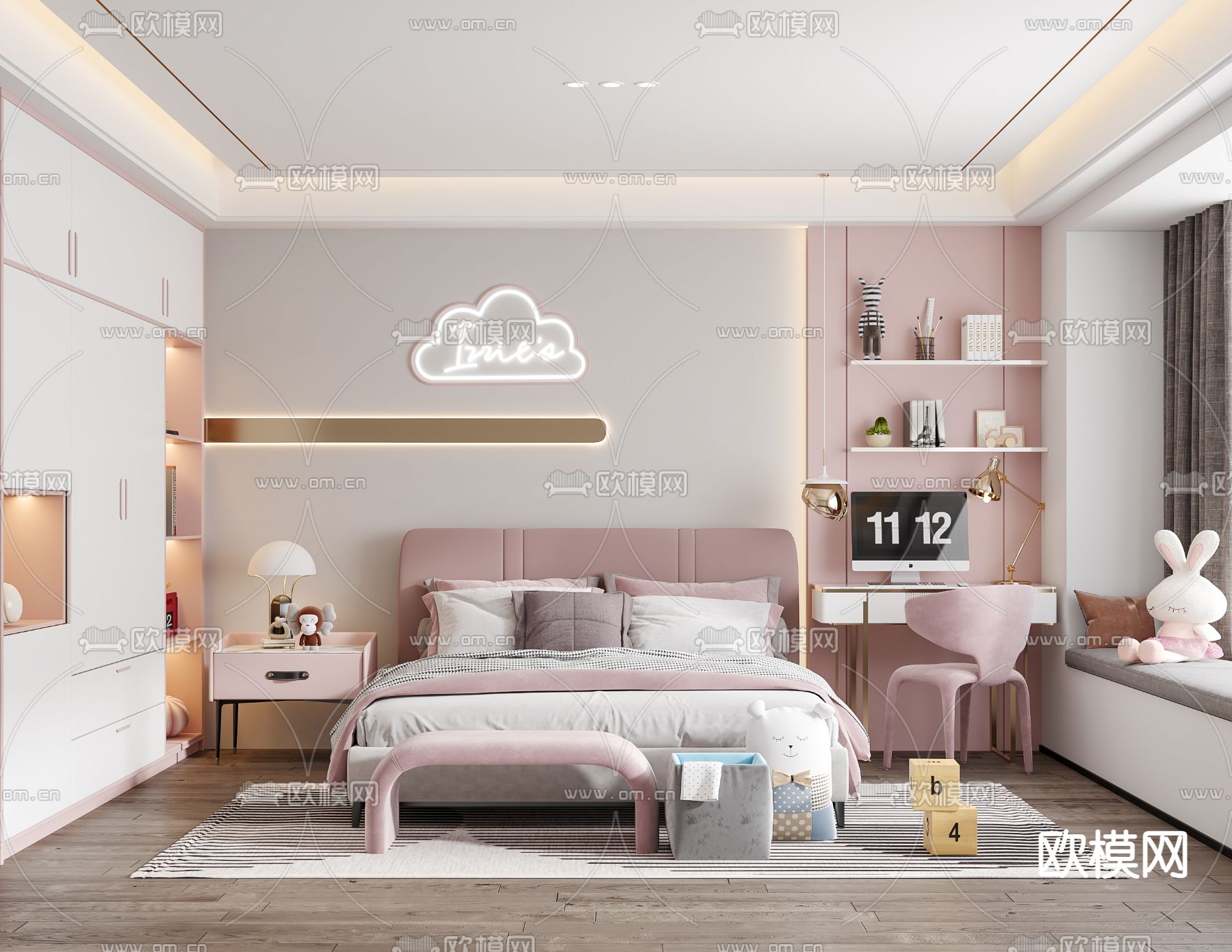 现代女孩房卧室3d模型下载_ID11770739_3dmax免费模型-欧模网