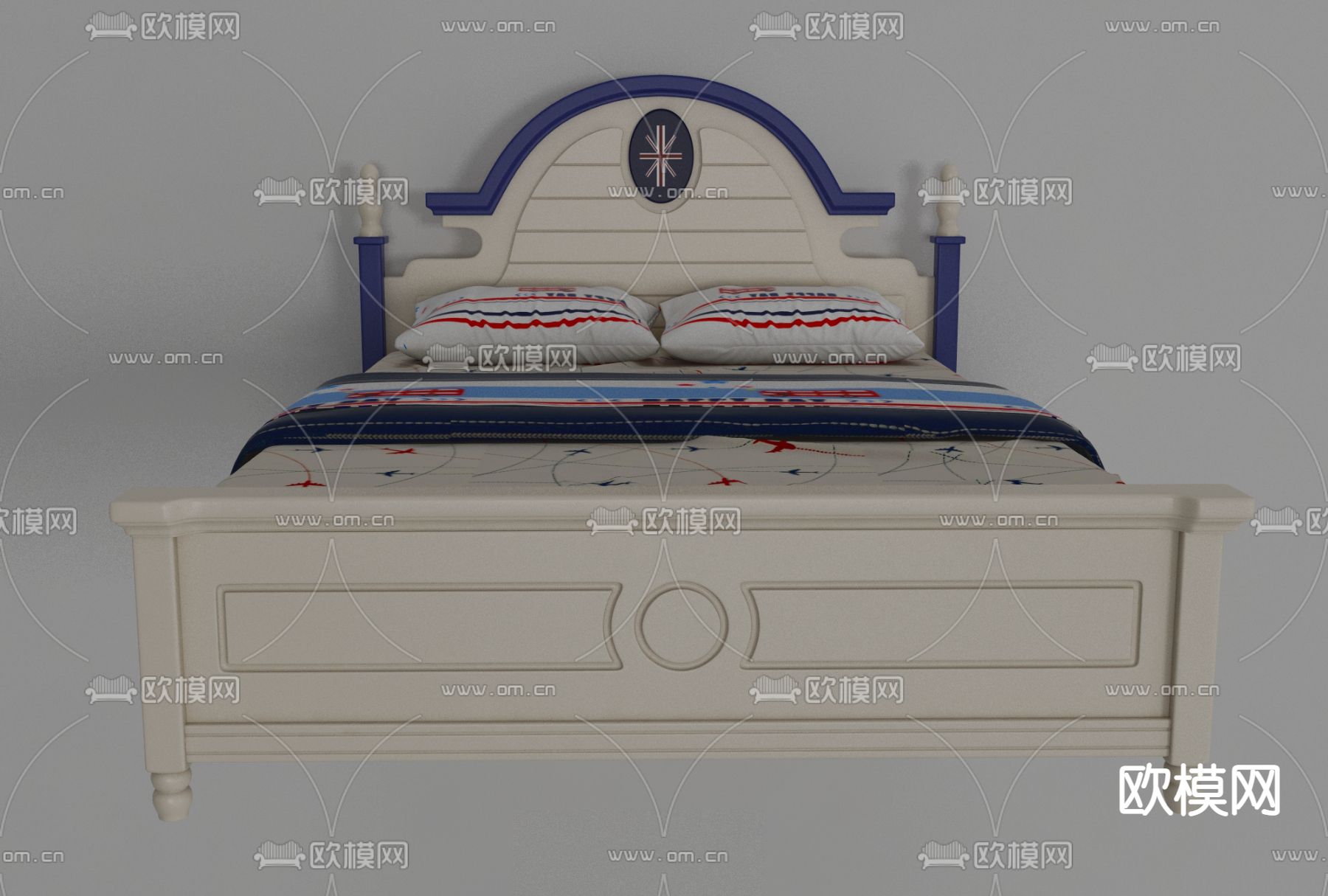 美式布艺双人床免费3d模型下载