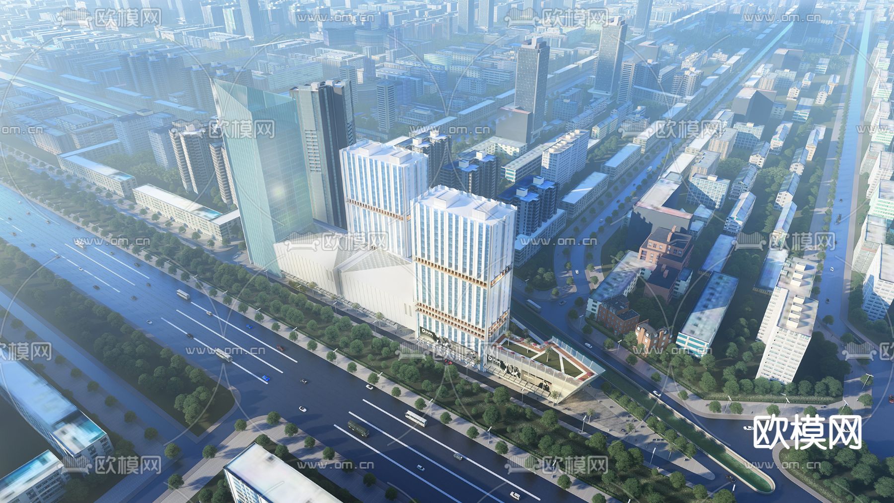 现代办公楼鸟瞰su模型下载（渲染图1）