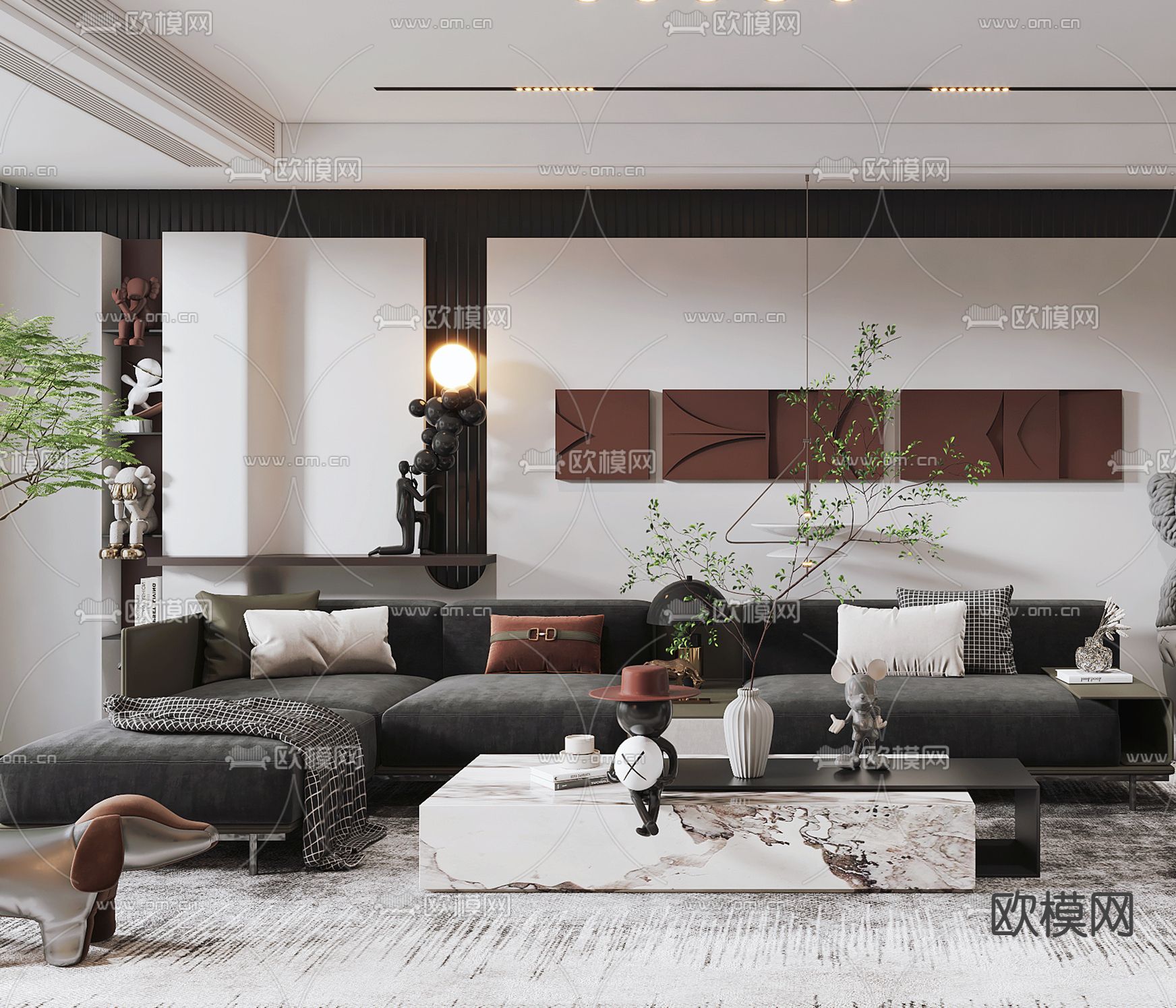 现代高级灰客厅餐厅3d模型下载（渲染图4）