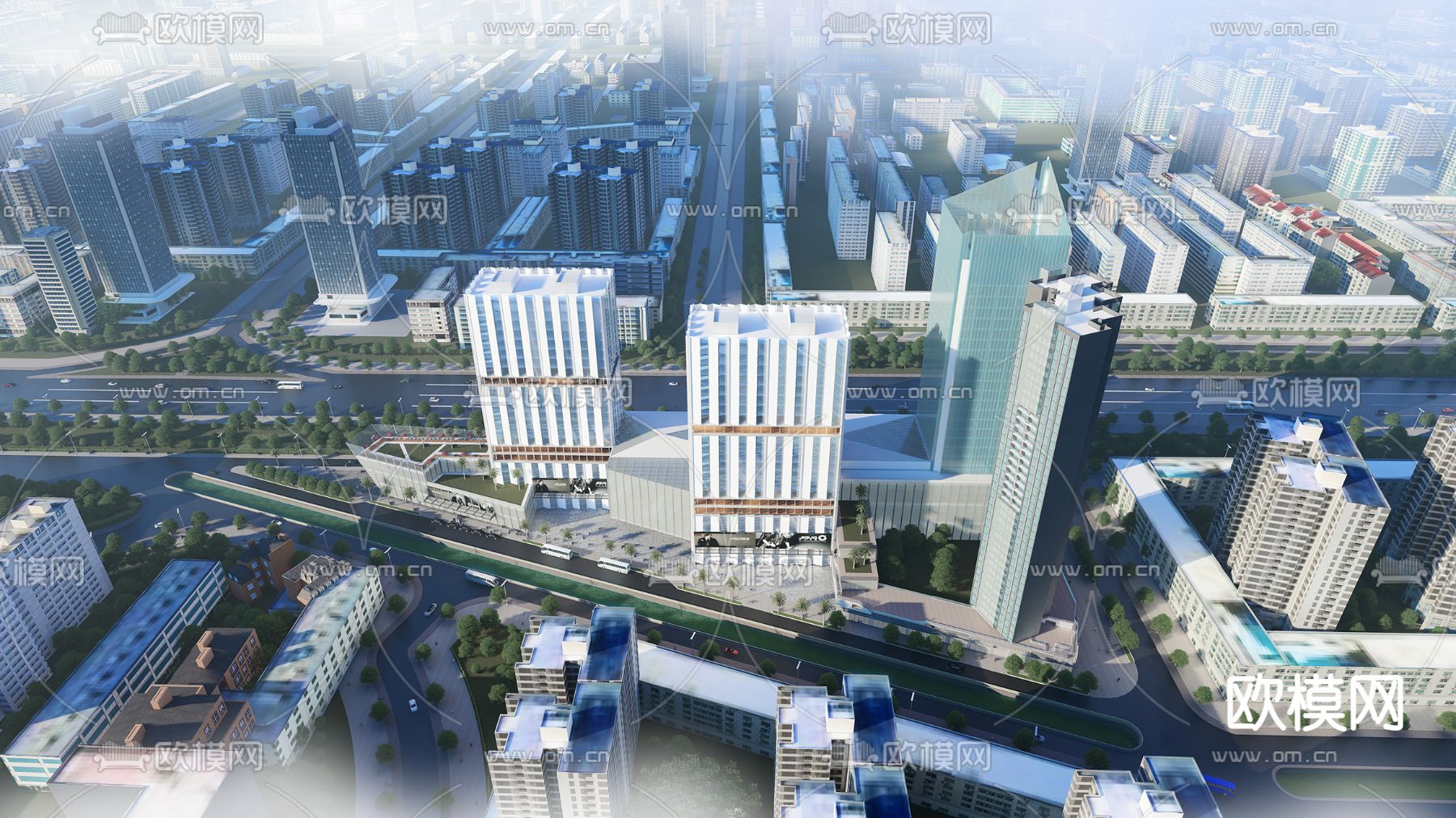 现代办公楼鸟瞰su模型下载（渲染图2）