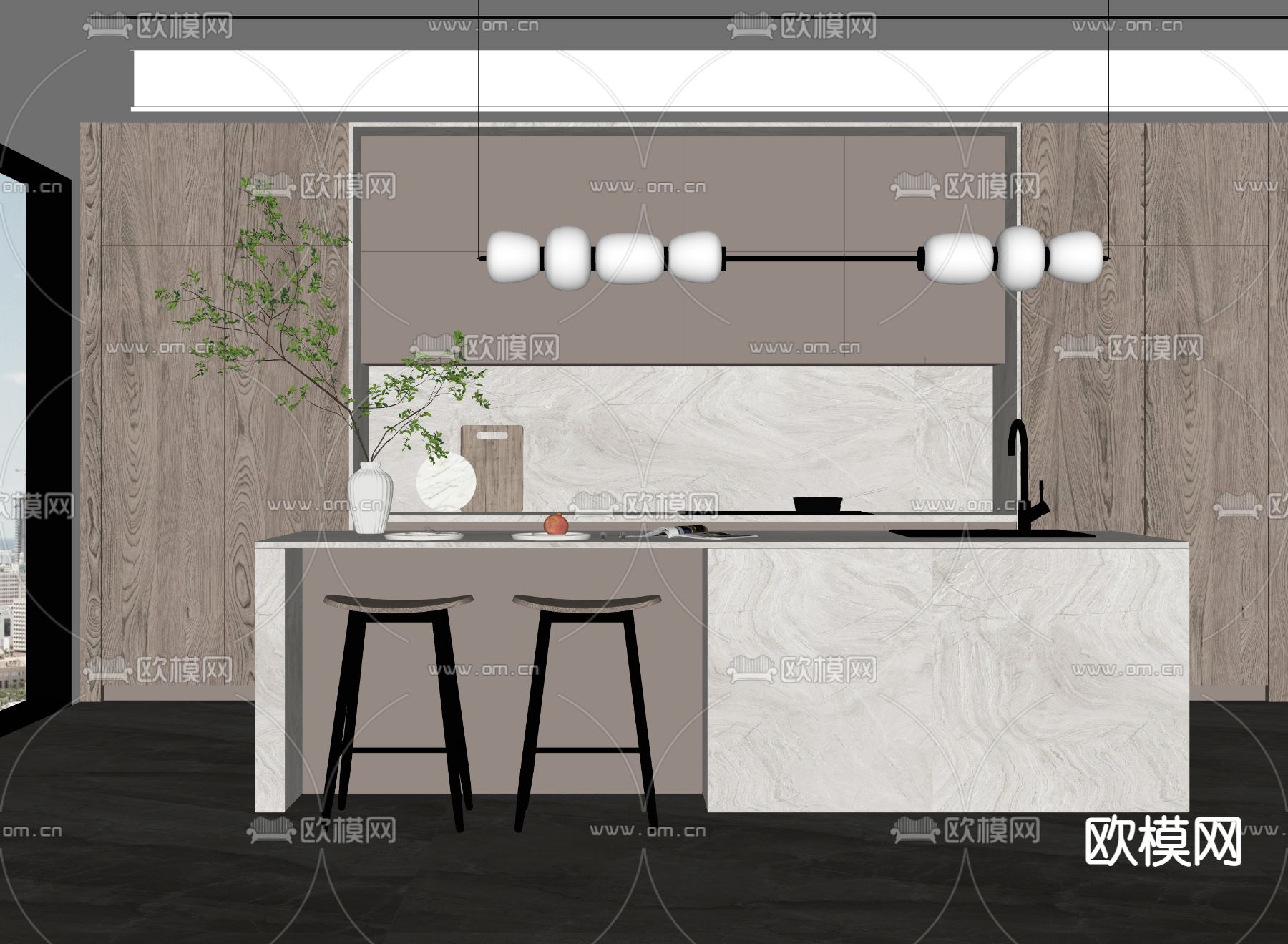 现代开放式厨房su模型下载（渲染图2）