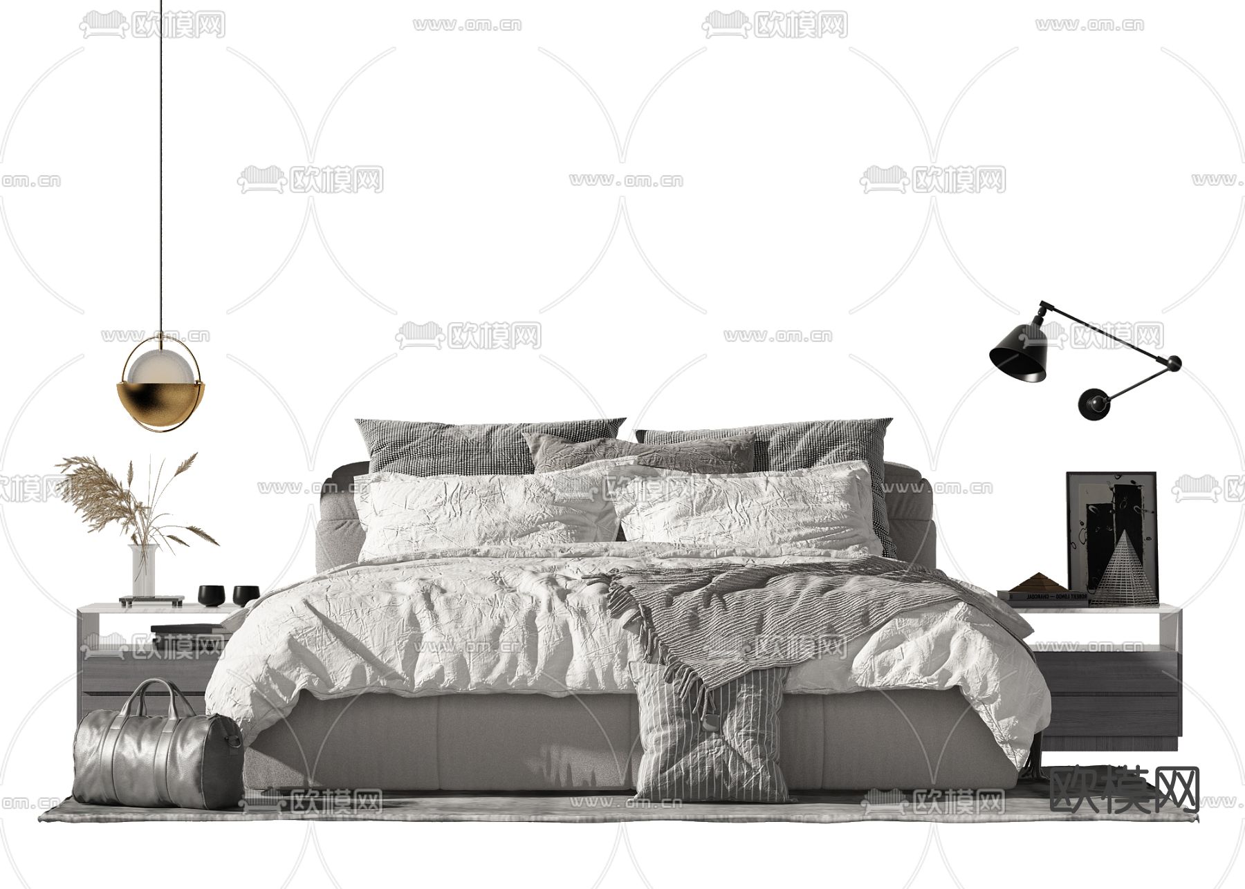 现代布艺双人床免费3d模型下载