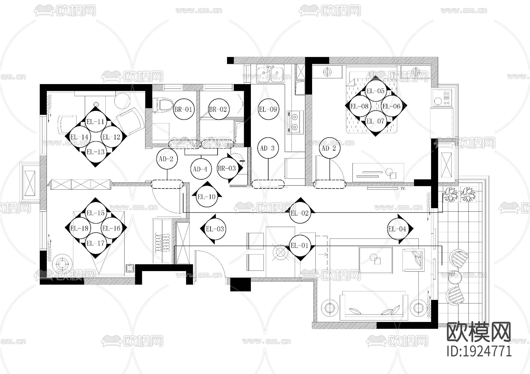 欧式简约家装施工图下载（渲染图4）