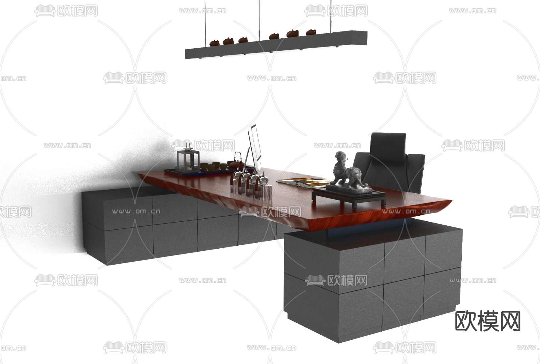 新中式办公班台桌椅免费3d模型下载