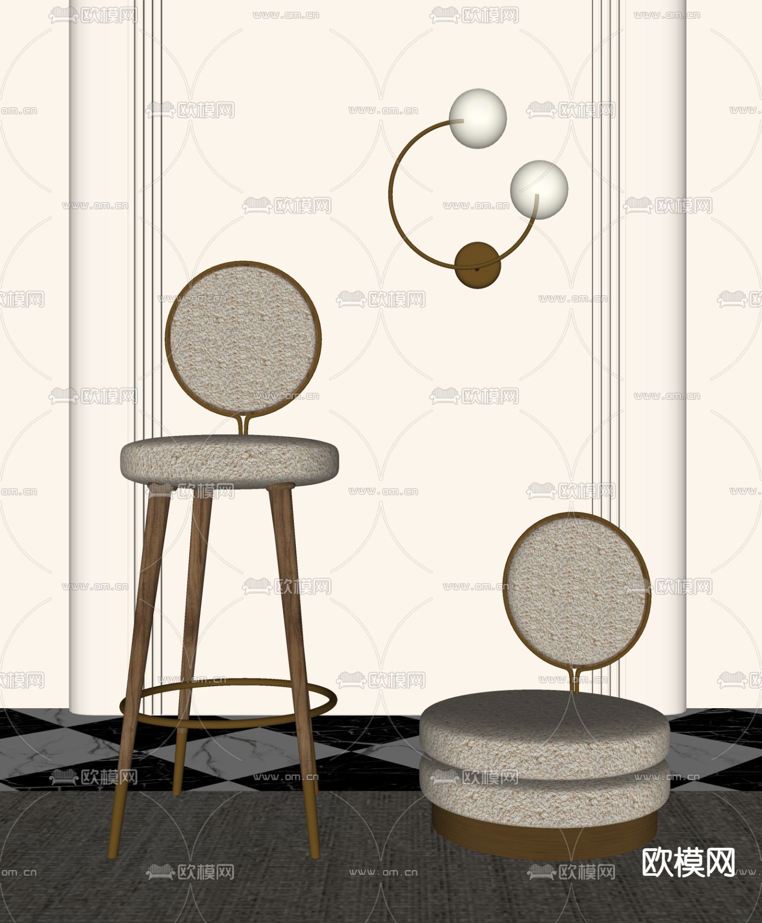法式吧台椅su模型下载（渲染图2）