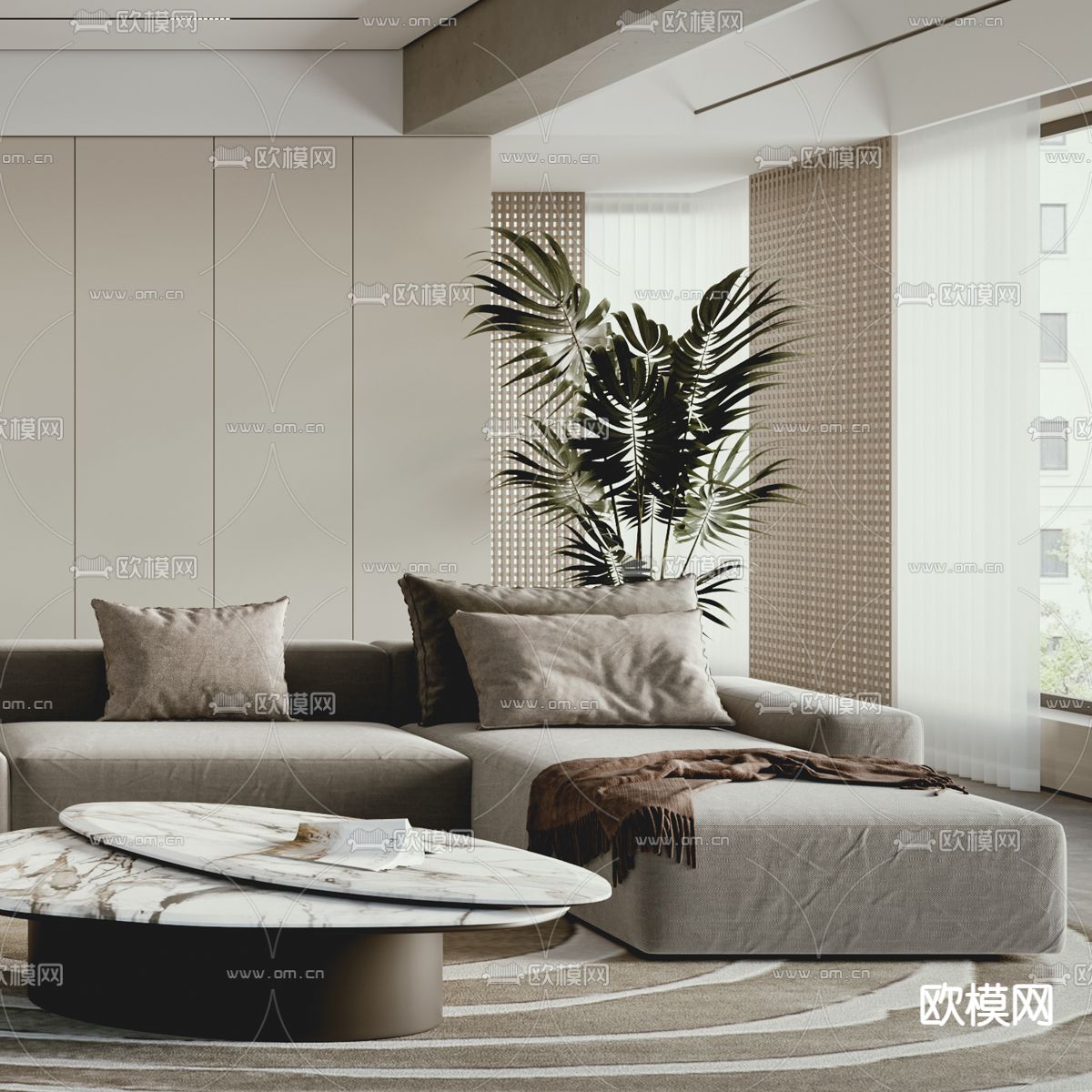 现代布艺转角组合沙发3d模型下载（渲染图3）