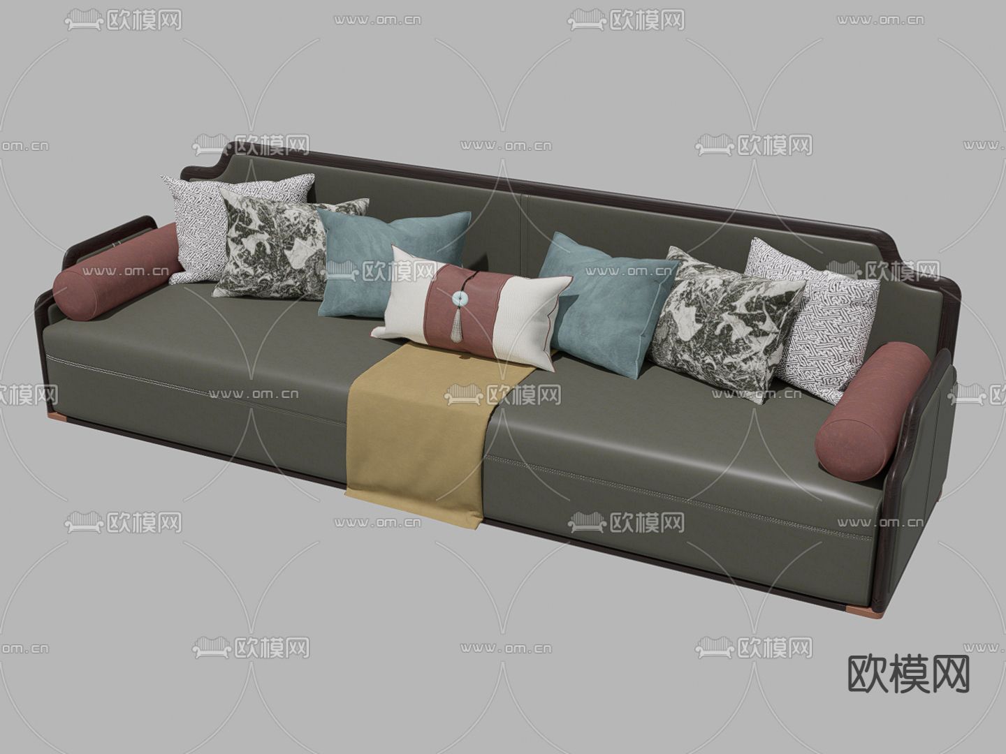 新中式皮革多人沙发su模型下载（渲染图1）