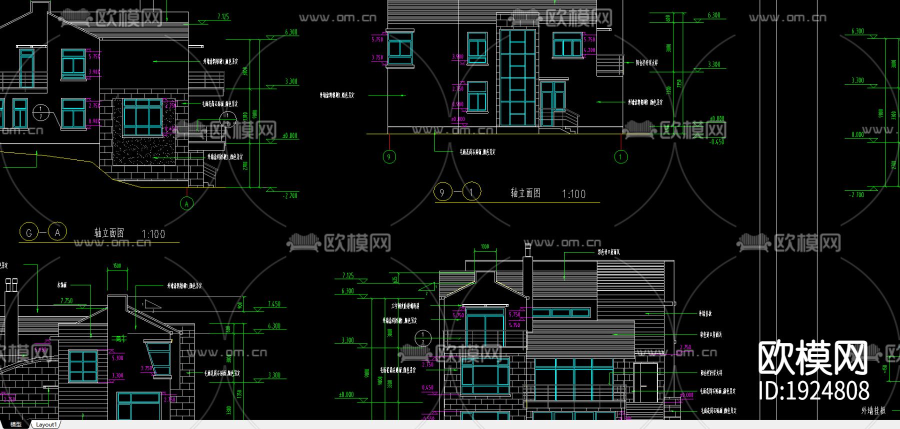 坡屋顶别墅施工图下载（渲染图2）