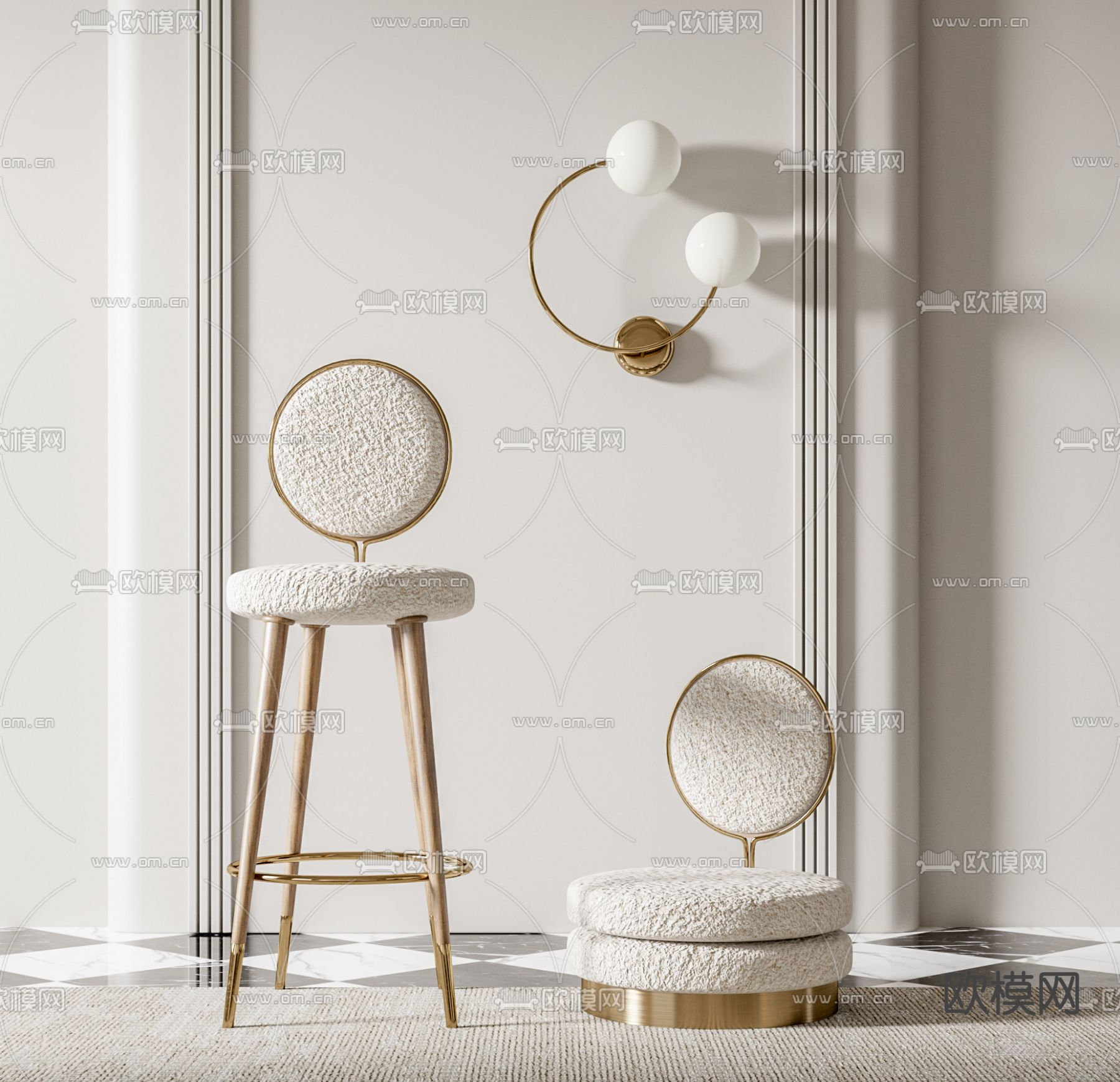 法式吧台椅su模型下载（渲染图1）