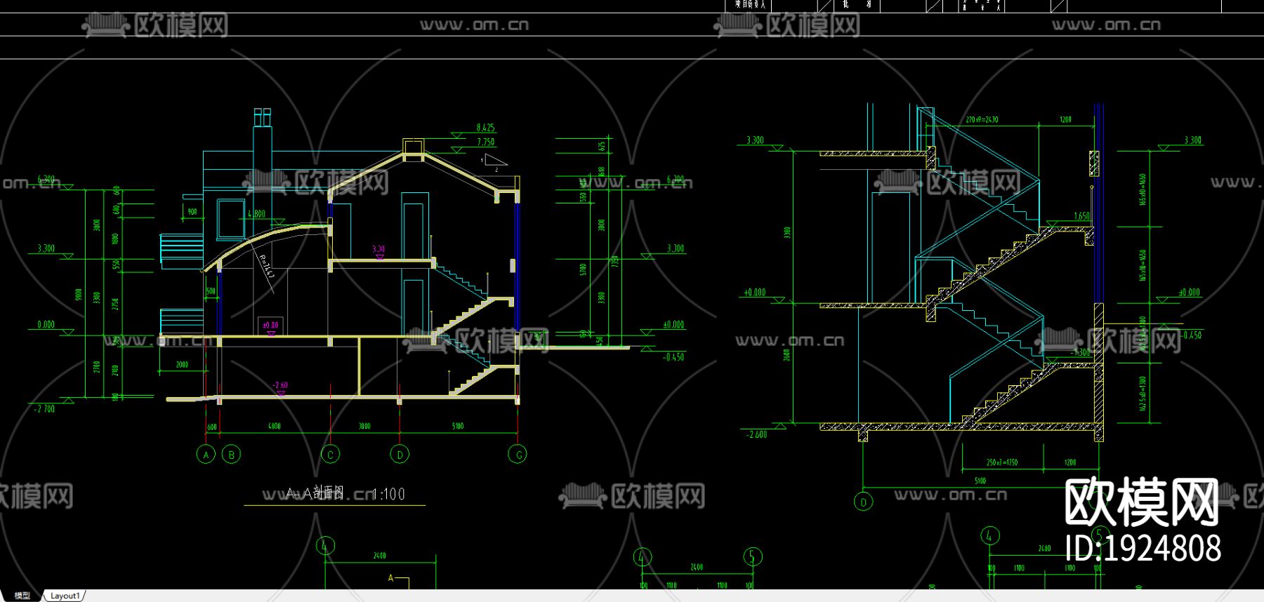 坡屋顶别墅施工图下载（渲染图1）
