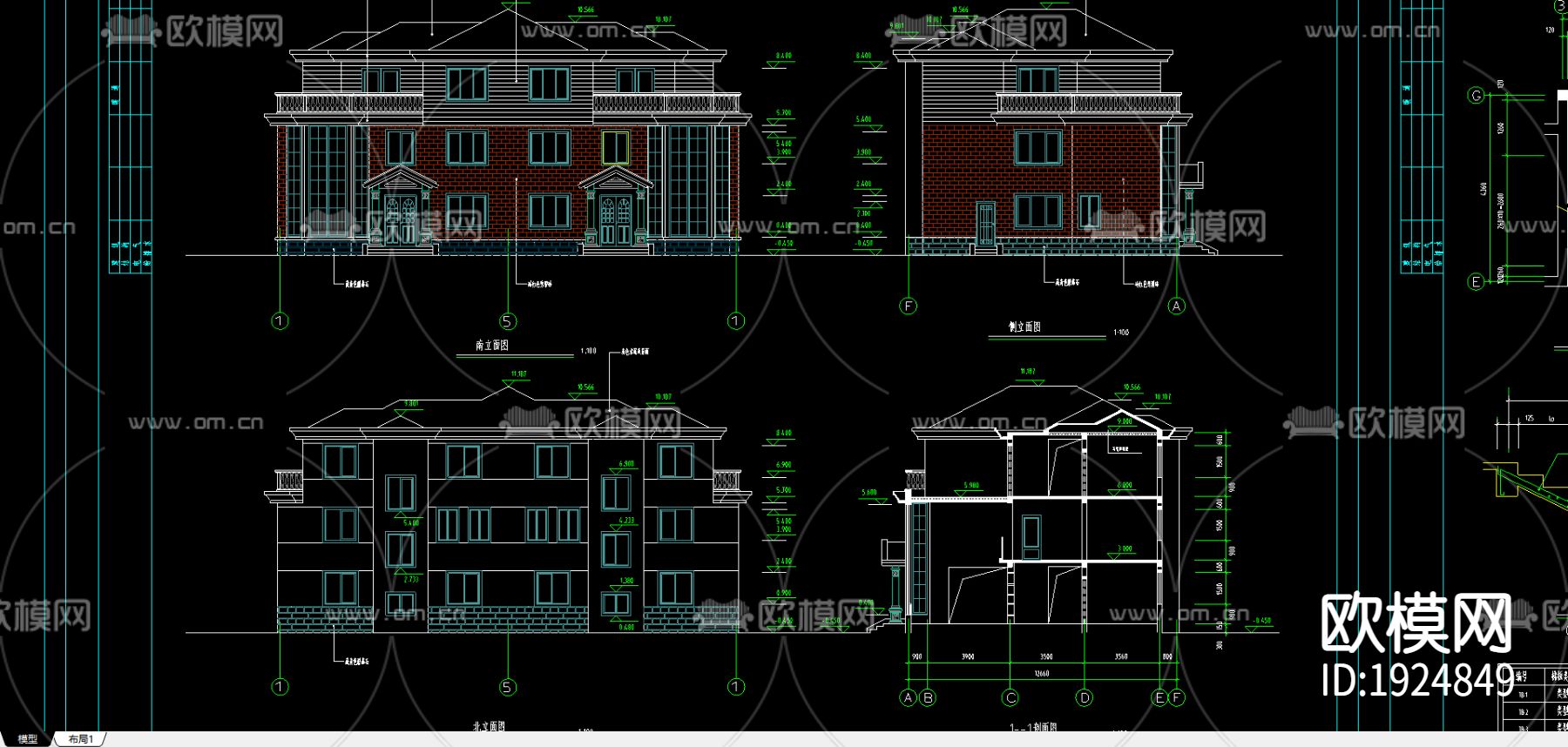双拼别墅建筑施工图下载（渲染图1）