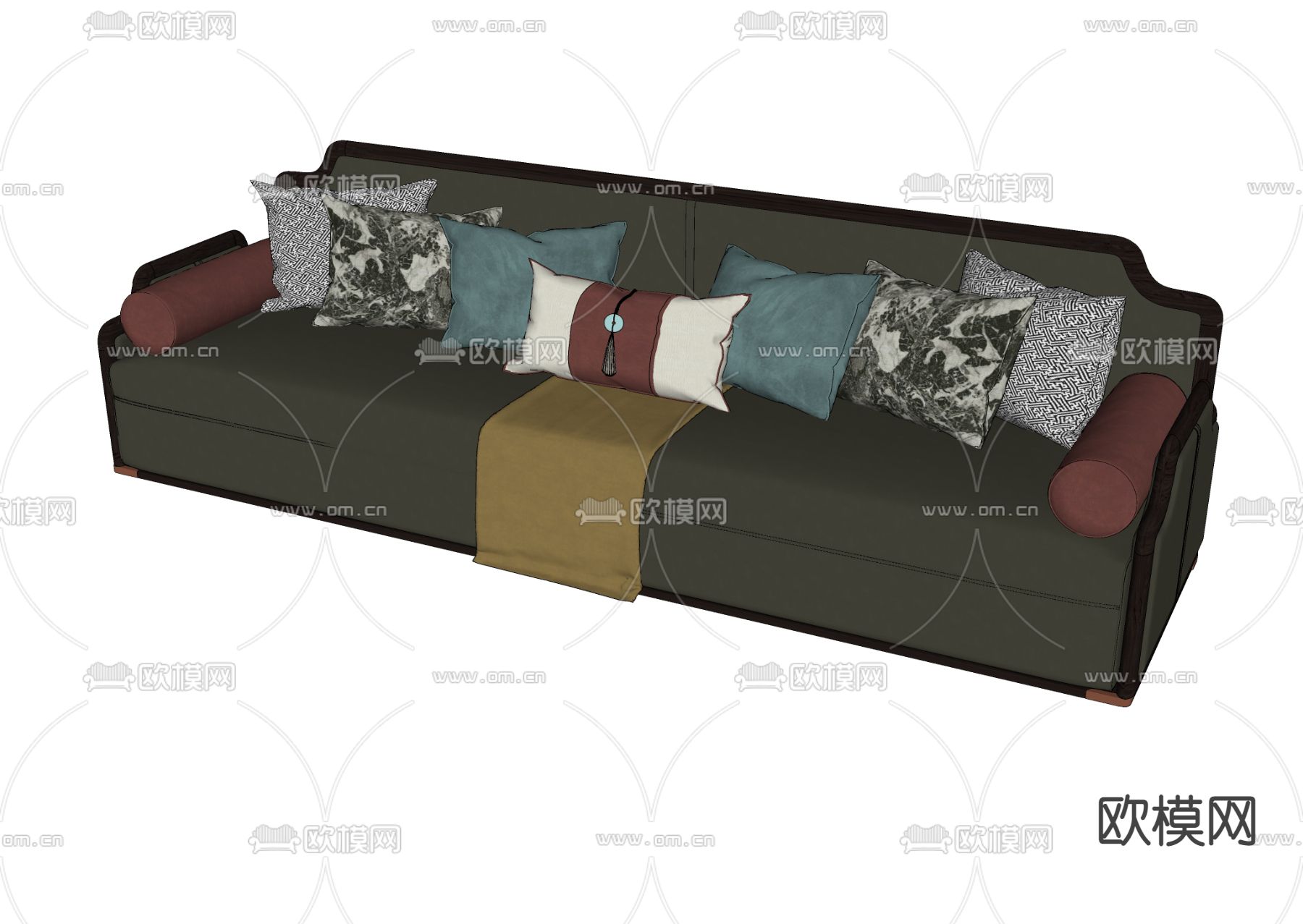 新中式皮革多人沙发su模型下载（渲染图2）