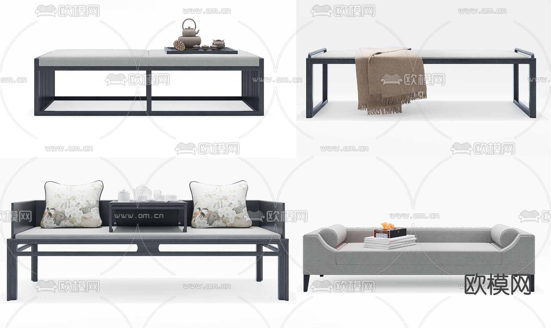 新中式布艺脚踏免费3d模型下载