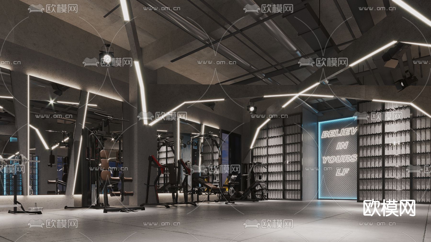现代高级灰健身房3d模型下载（渲染图2）