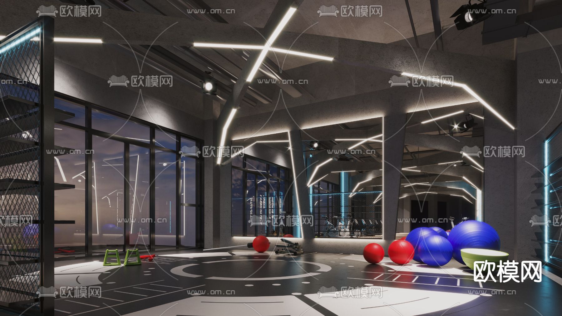 现代高级灰健身房3d模型下载（渲染图1）