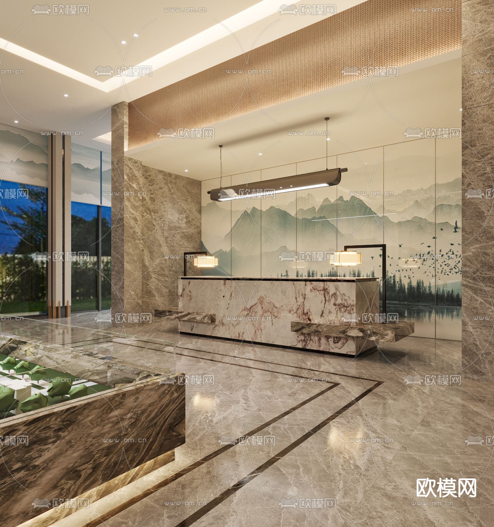 现代轻奢售楼处沙盘区3d模型下载（渲染图2）