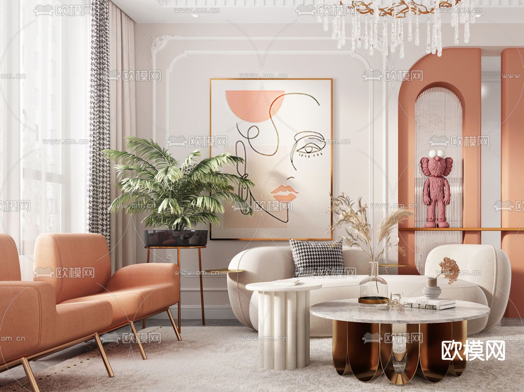 简欧布艺沙发组合3d模型下载（渲染图2）