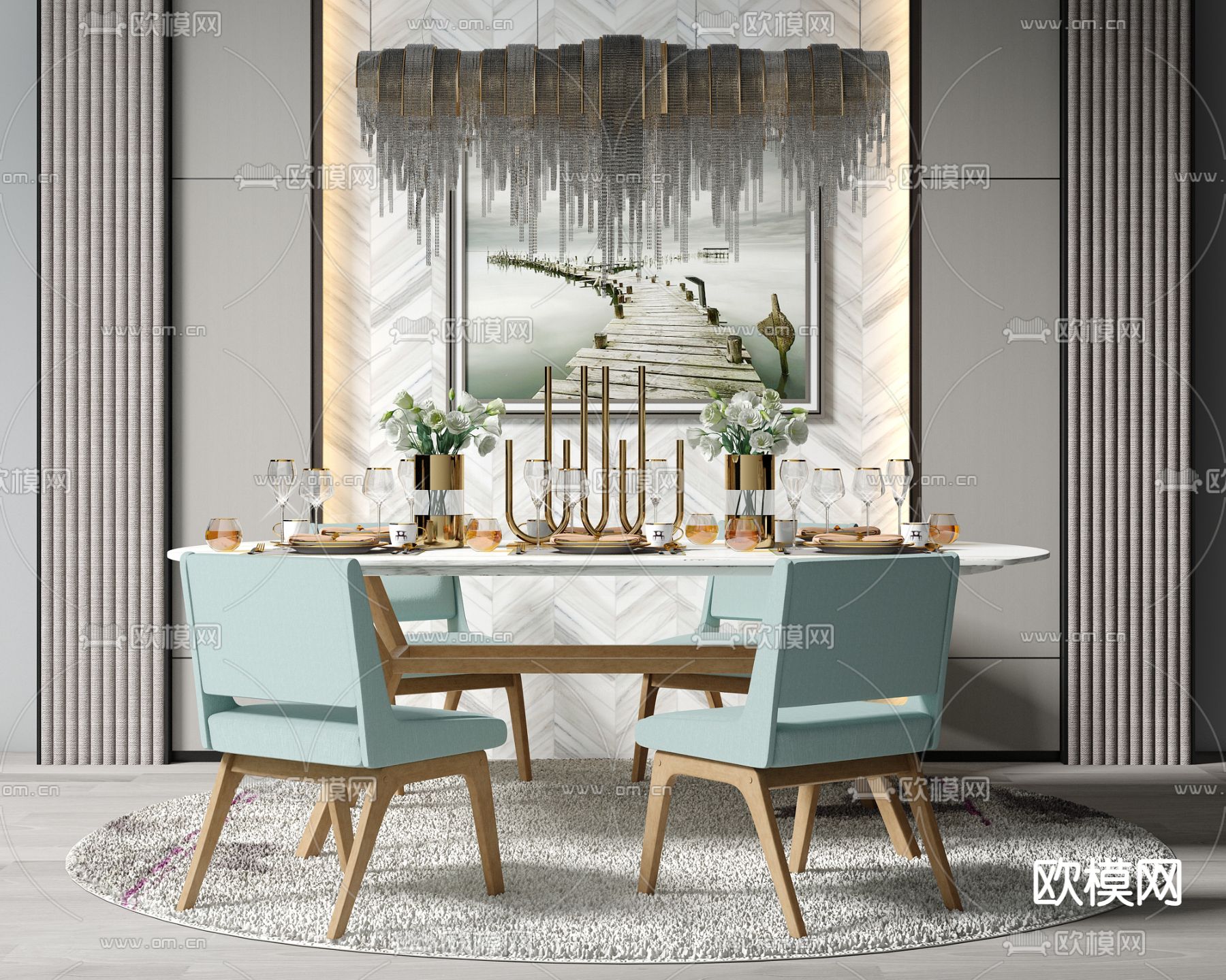 现代轻奢餐桌椅su模型下载（渲染图1）