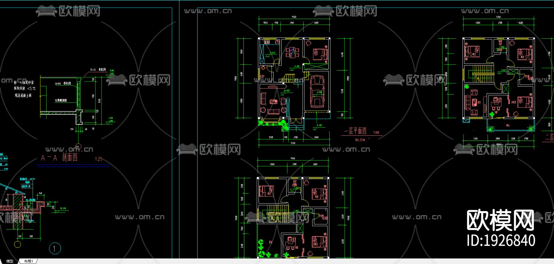 别墅cad平面布置图下载（渲染图3）