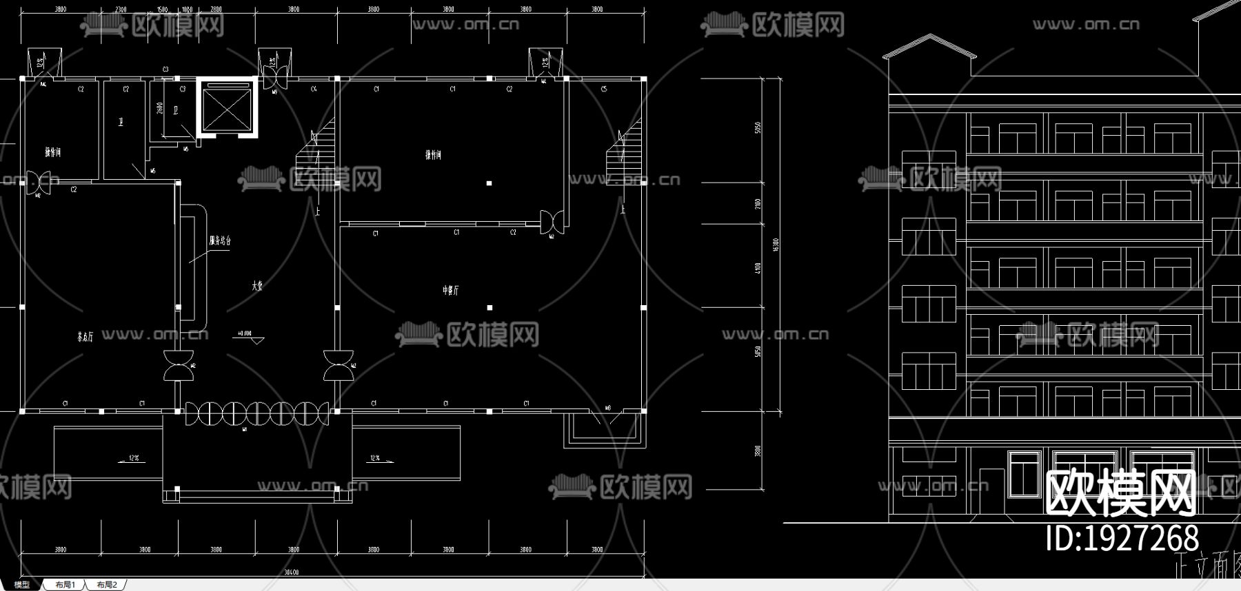 单位院内宾馆cad平面图下载（渲染图4）